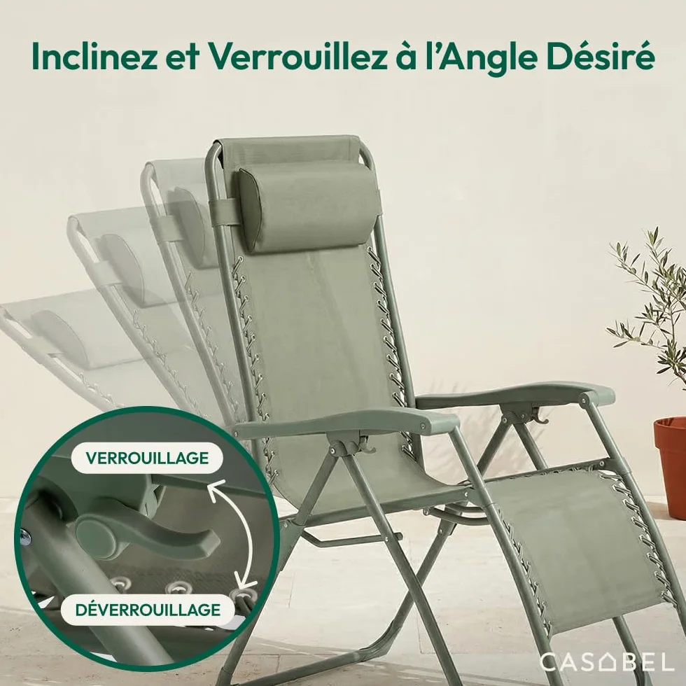CASABEL Chaise Pliante Zéro Gravité Fauteuil Extérieur Inclinable Acier Anti-Rouille Toile Textilene Vert Sauge Coussin
