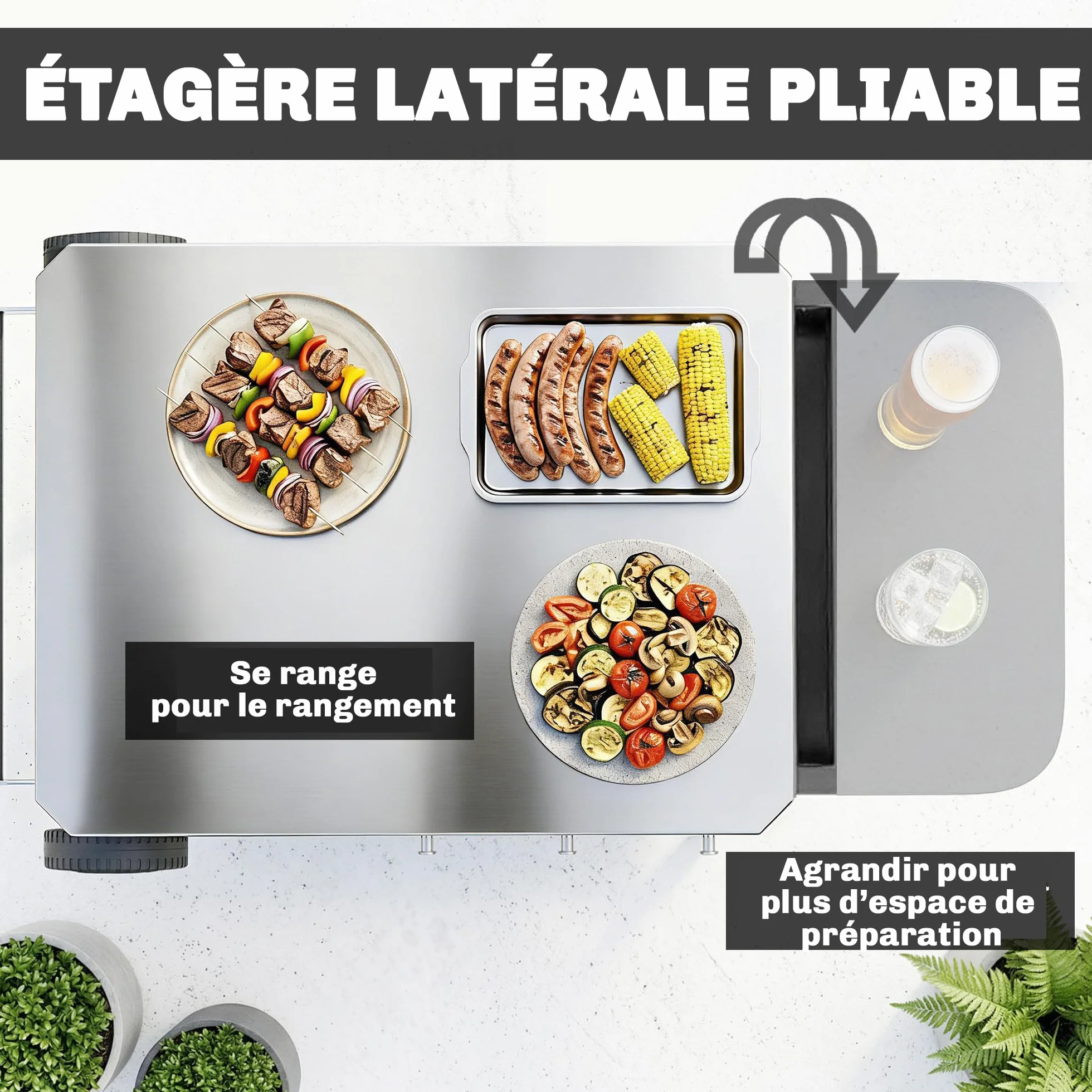 Outsunny Chariot de Barbecue 2 Niveaux Mobile Acier Inoxydable Table Latérale Pliable Roulettes 115x67,5x80,5 cm Noir