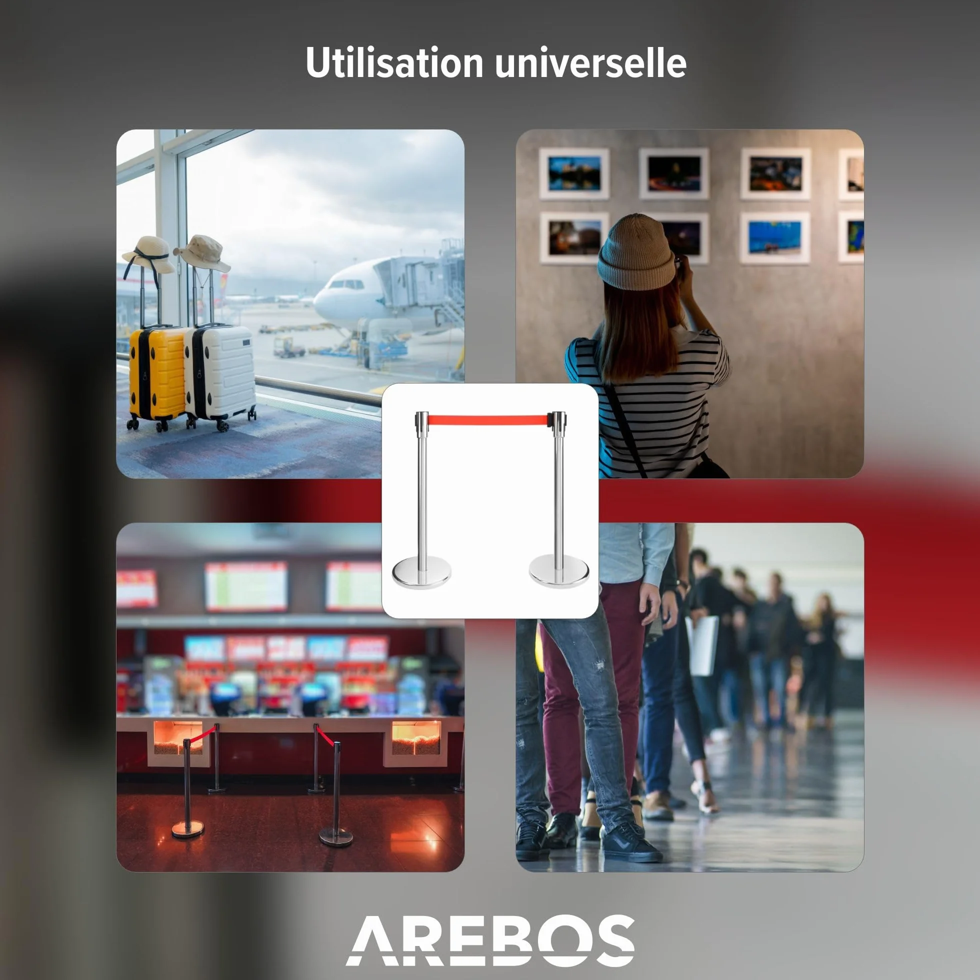 Arebos Barrières de sécurité Rétractable Poteaux de Guidage avec Cordes Rouge Argenté Système de Balisage