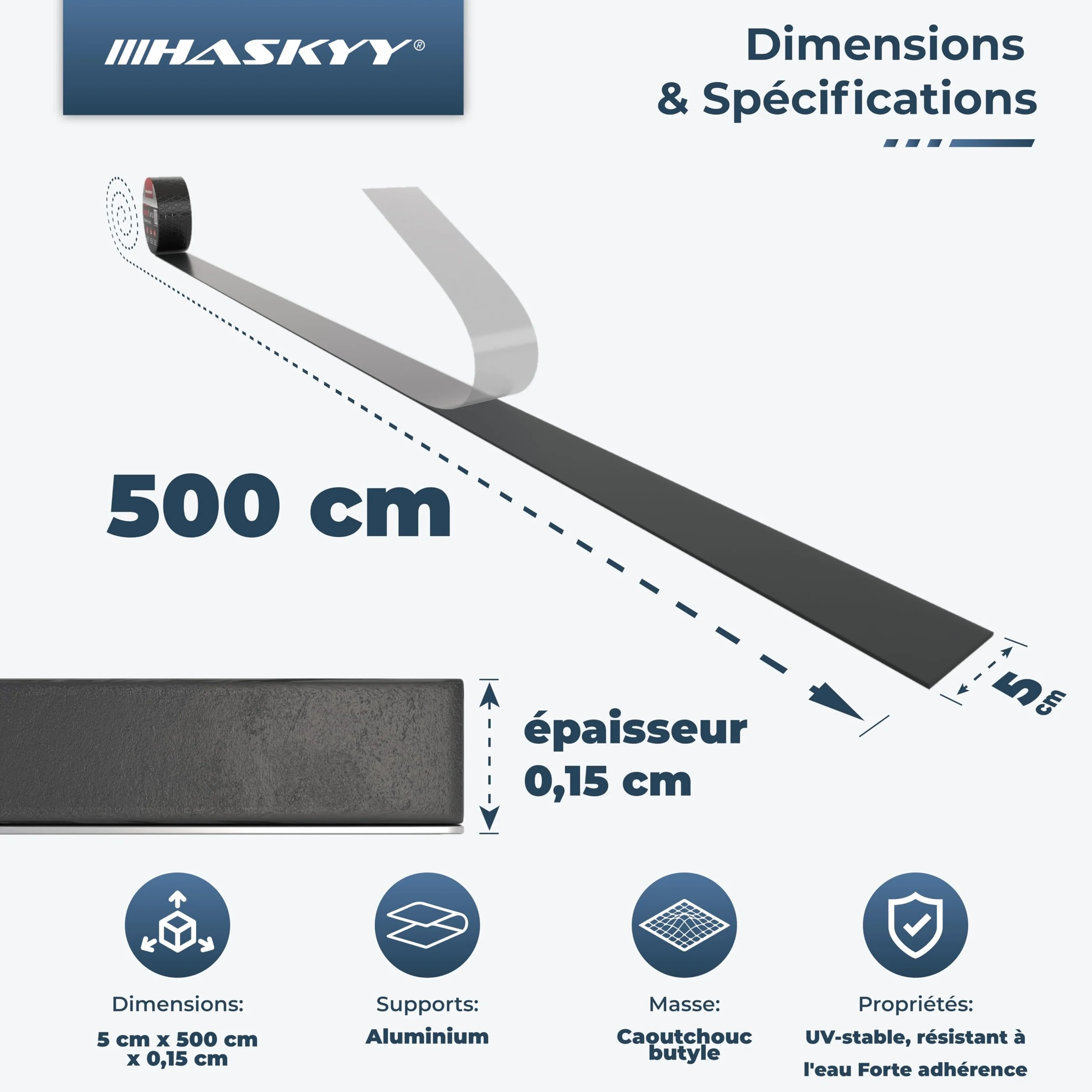 HASKYY Ruban d'étanchéité en butyle 50mm x 5m Adhésif Bande étanche aluminium Imperméable Réparation Noir