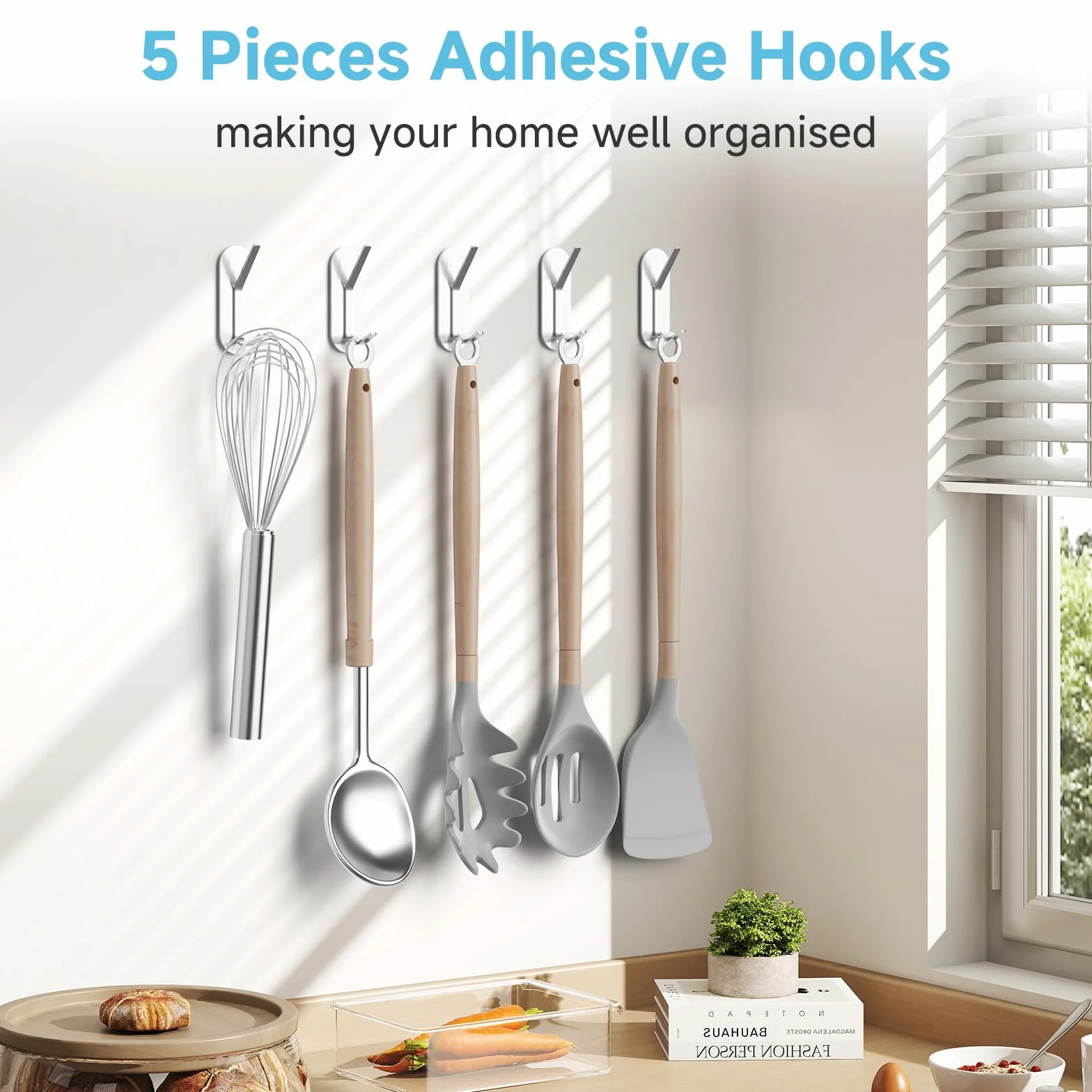 Crochet Adhesif Mural Acier Inox 5 Pièces Porte Manteau Sans Percage Salle de Bain