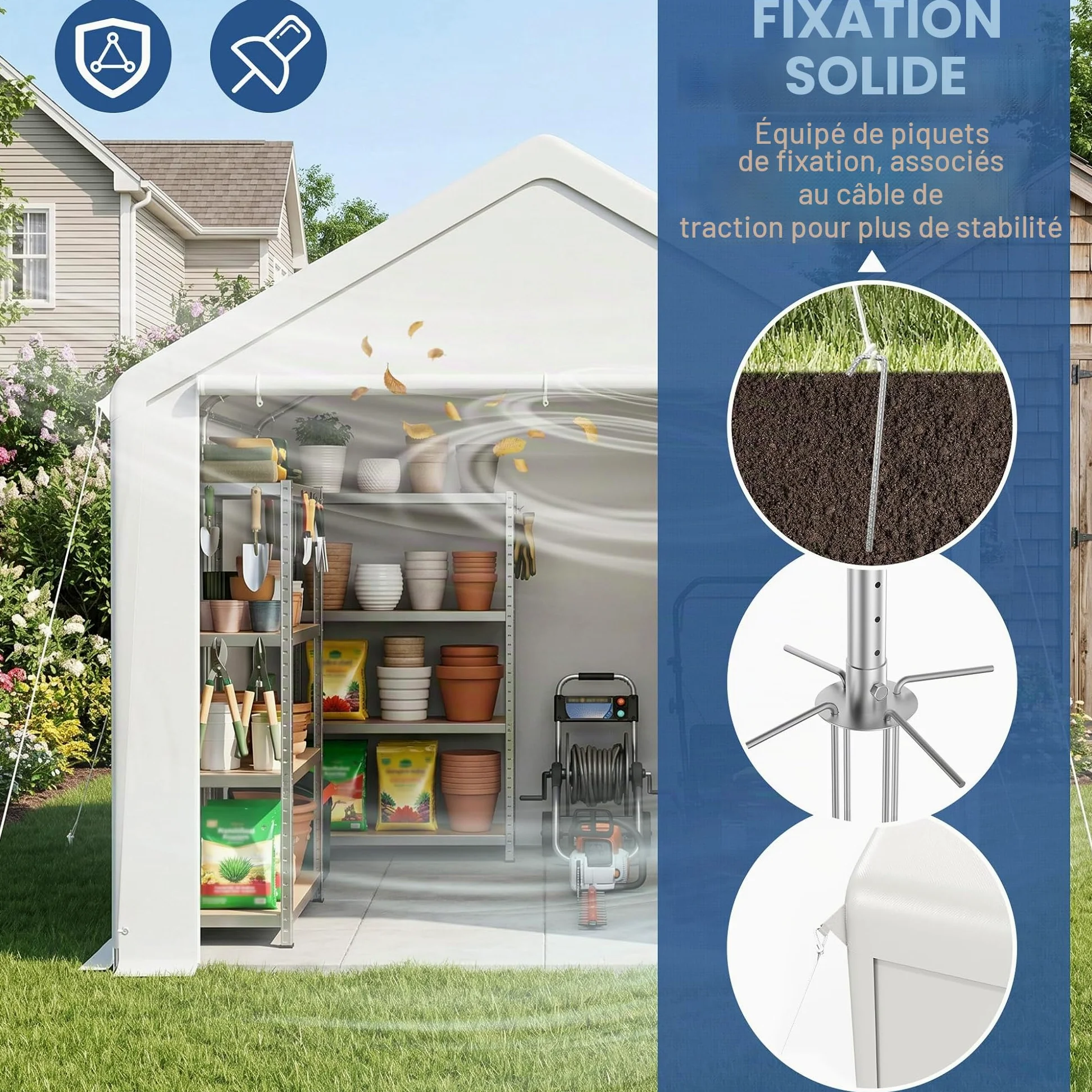 ACXIN Rideau de rangement robuste pour hangar de jardin avec cadre en acier et bâche en polyéthylène pour outils, voiture, blanc, 4 m x 6 m