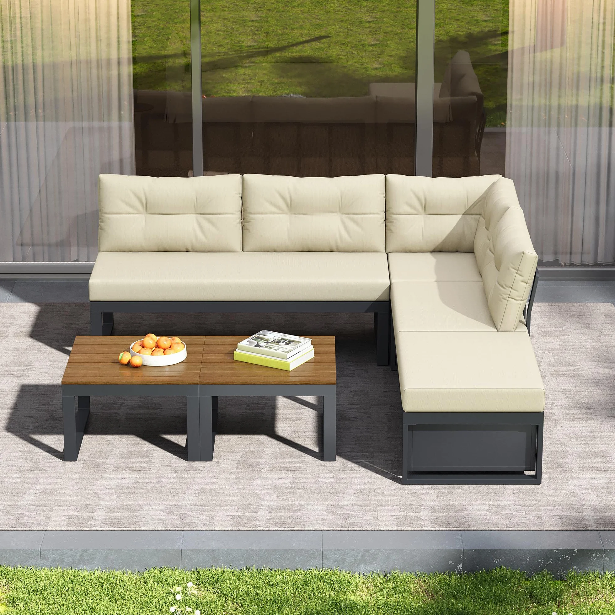 Sapgaks Salon de Jardin pour 6 Personnes,Ensemble de canapés de extérieur avec Dossier réglable sur 3 Niveaux,Canapé d'angle de Jardin avec Table,Espace de Rangement et Fonction d'inclinaison,Beige