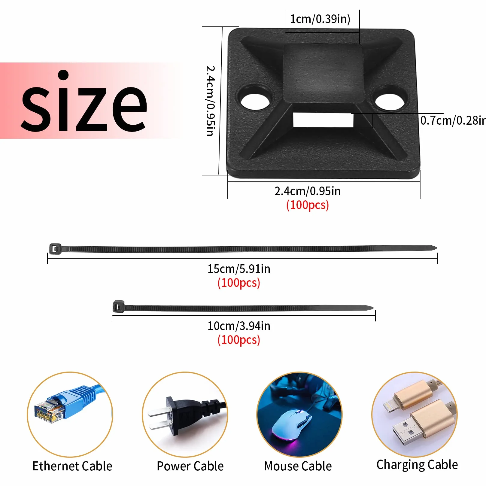 200 Pièces Serre-Câbles Plastique Noir avec Collier de Serrage, Attache Câble Adhésif Supports Base