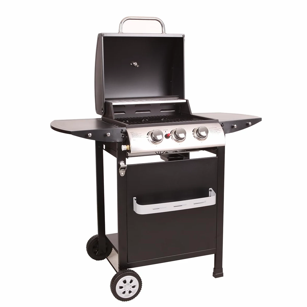 LOFOTEN - Barbecue Gaz 3 brûleurs - Puissance 8,4 kW - 106.5x57.5x104.5cm - Capot de fermeture avec thermomètre - 2 Grilles en acier chromé, 2 Etagères latérales, 1 Plateau bas - 2 Roues - Noir
