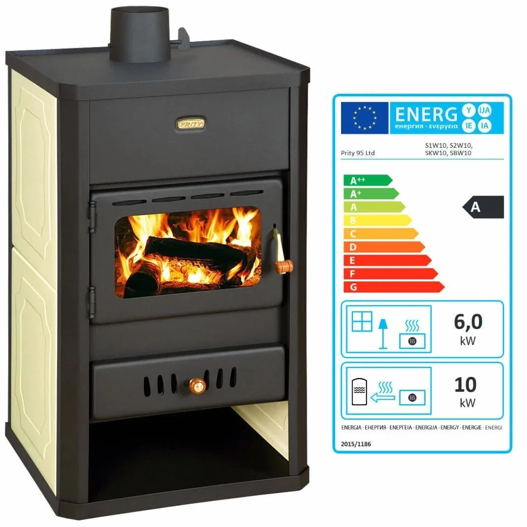 Prity S1 W10 Poêle à bois avec gaine d'eau 10 kW Chauffage central Certifié CE
