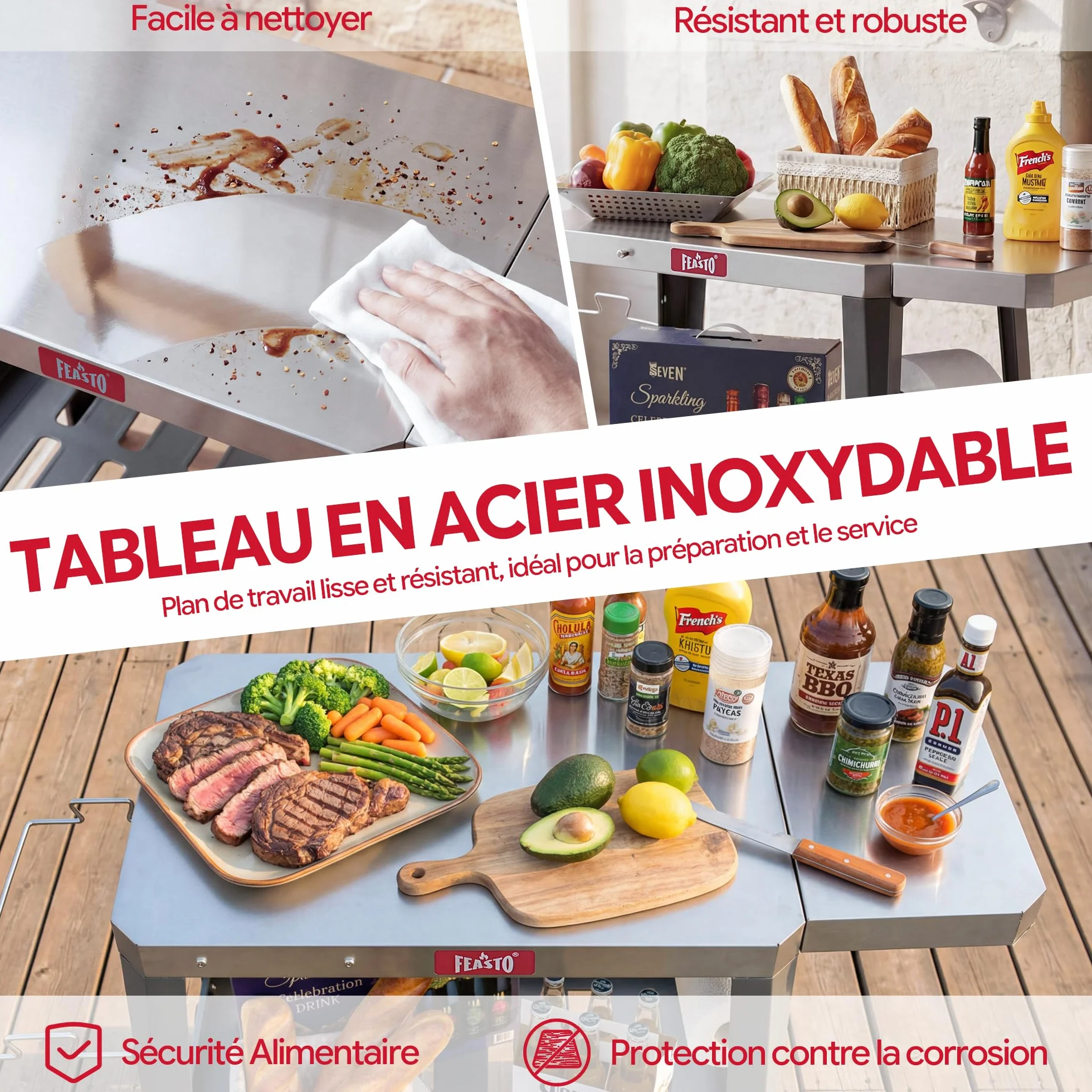 Feasto 2-Étagère Desserte de Jardin Pliable, Chariot de Barbecue Acier INOX, Gris