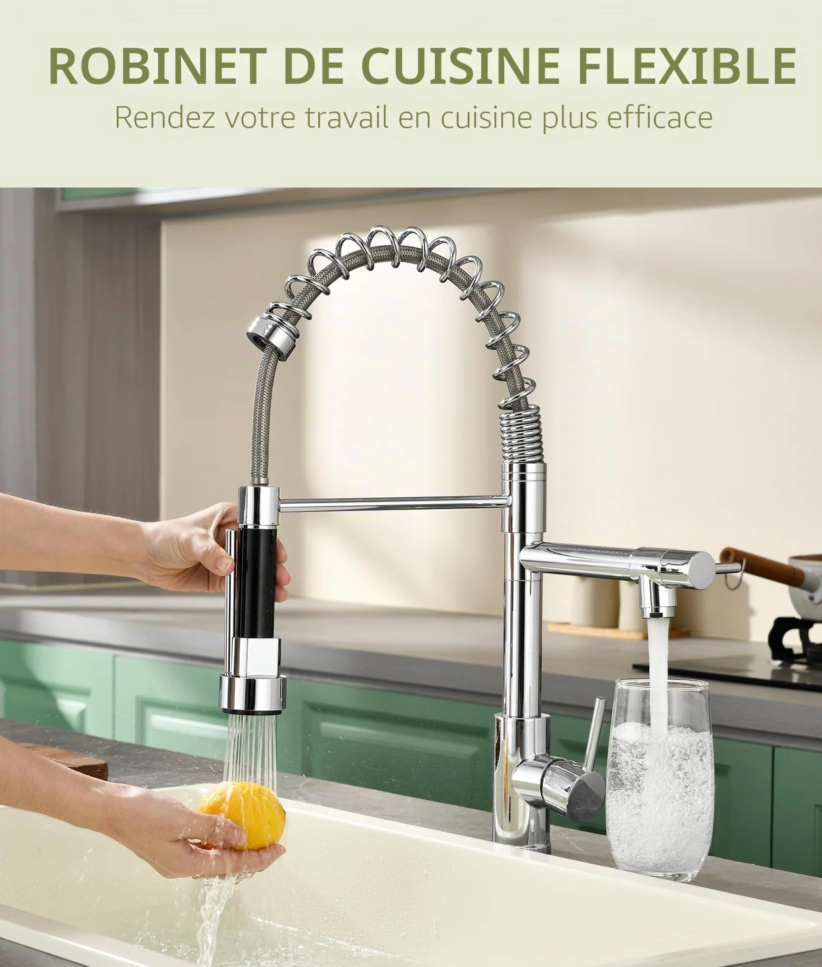 Robinet de cuisine avec douchette extractible pivotant 360° mitigeur haute pression acier inoxydable