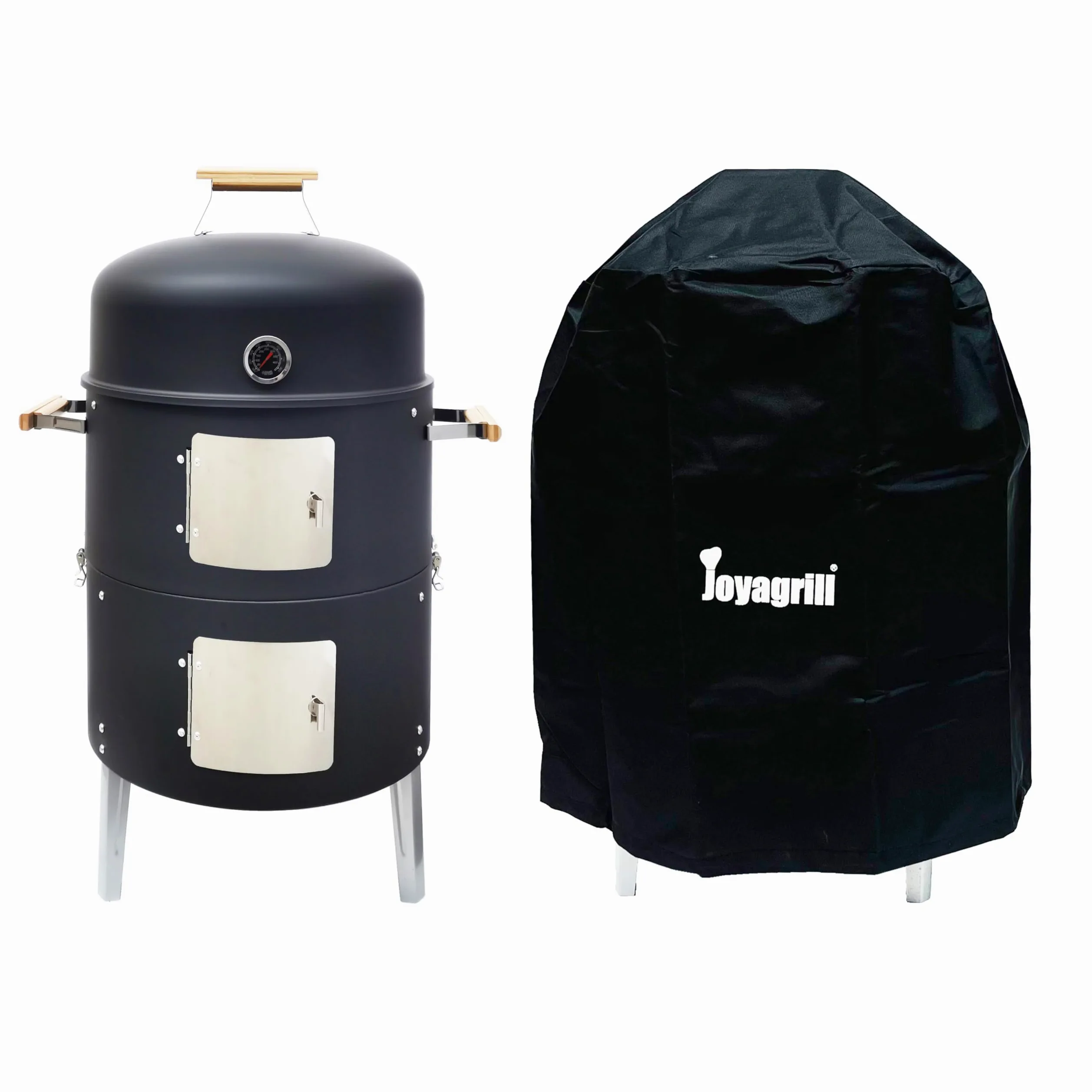 Barbecue fumoir de 17-1/2" avec couvercle, thermomètre intégré, aération et portes d'accès, deux couches, barbecue multifonction avec 3 poignées en bambou, idéal pour les fêtes, le camping