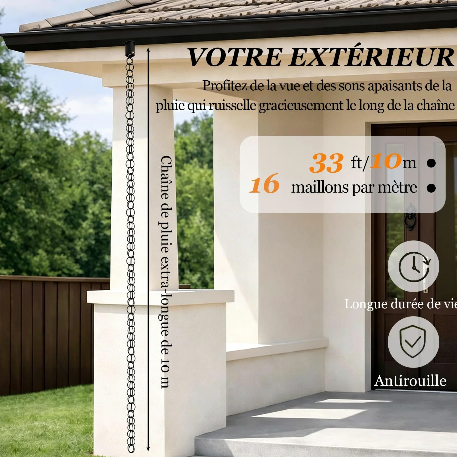Chaîne de Pluie,Chaine de gouttiere,Rain Chain,pour Gouttiere ChaîNe De Pluie Japonaise pour Les Fortes,Remplacement de Descente Extérieure,pour Toit,Jardin 2.4m(8ft) Noir