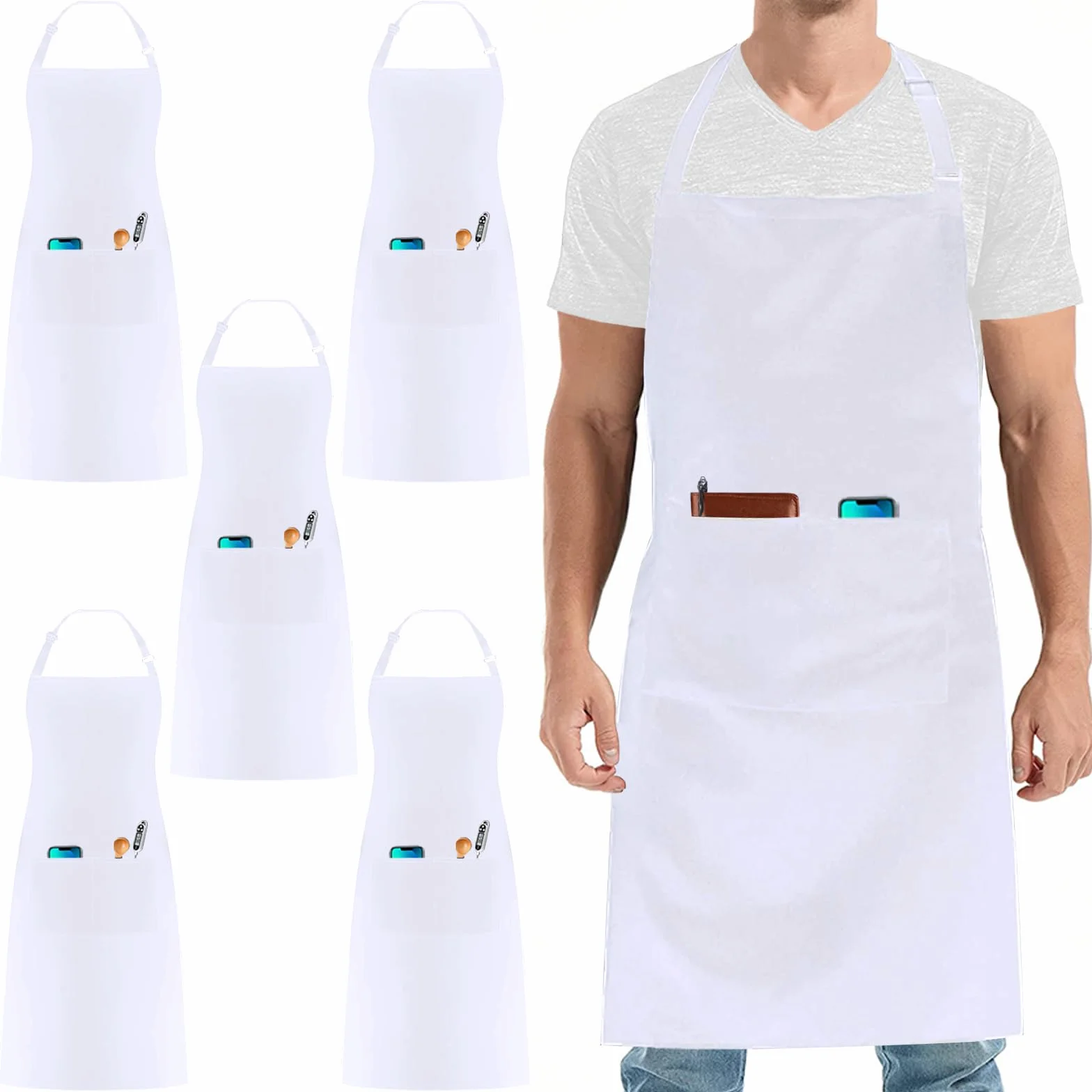 Lot de 5 Tablier de Chef Noir Blanc, Cuisine Tablier pour Femme Homme Restaurant Café Travail (Réglable, 3 Poches)