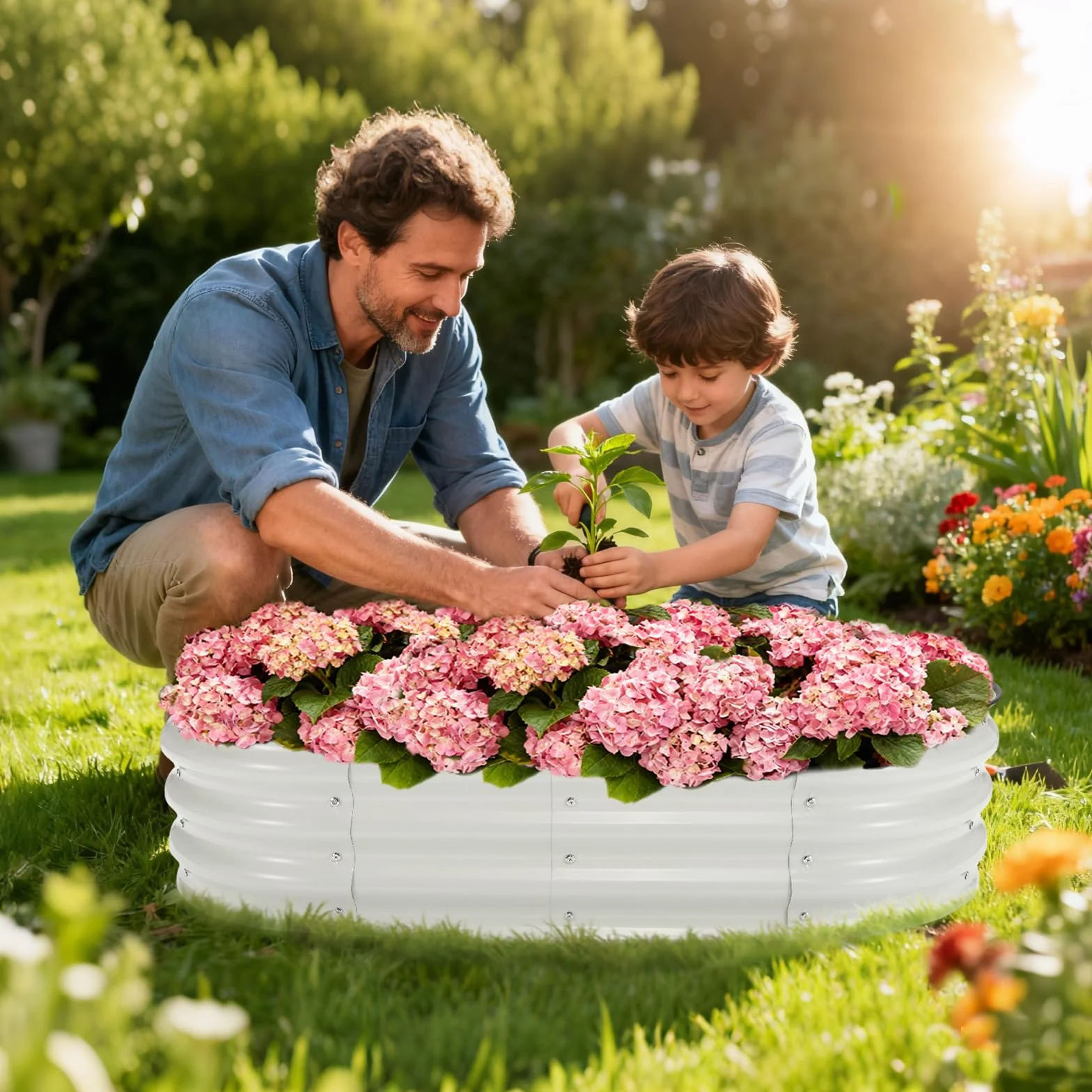 Jardinière surélevée Ovale Acier galvanisé 4x2x1 pi Base Ouverte Résistant à la Corrosion Blanc