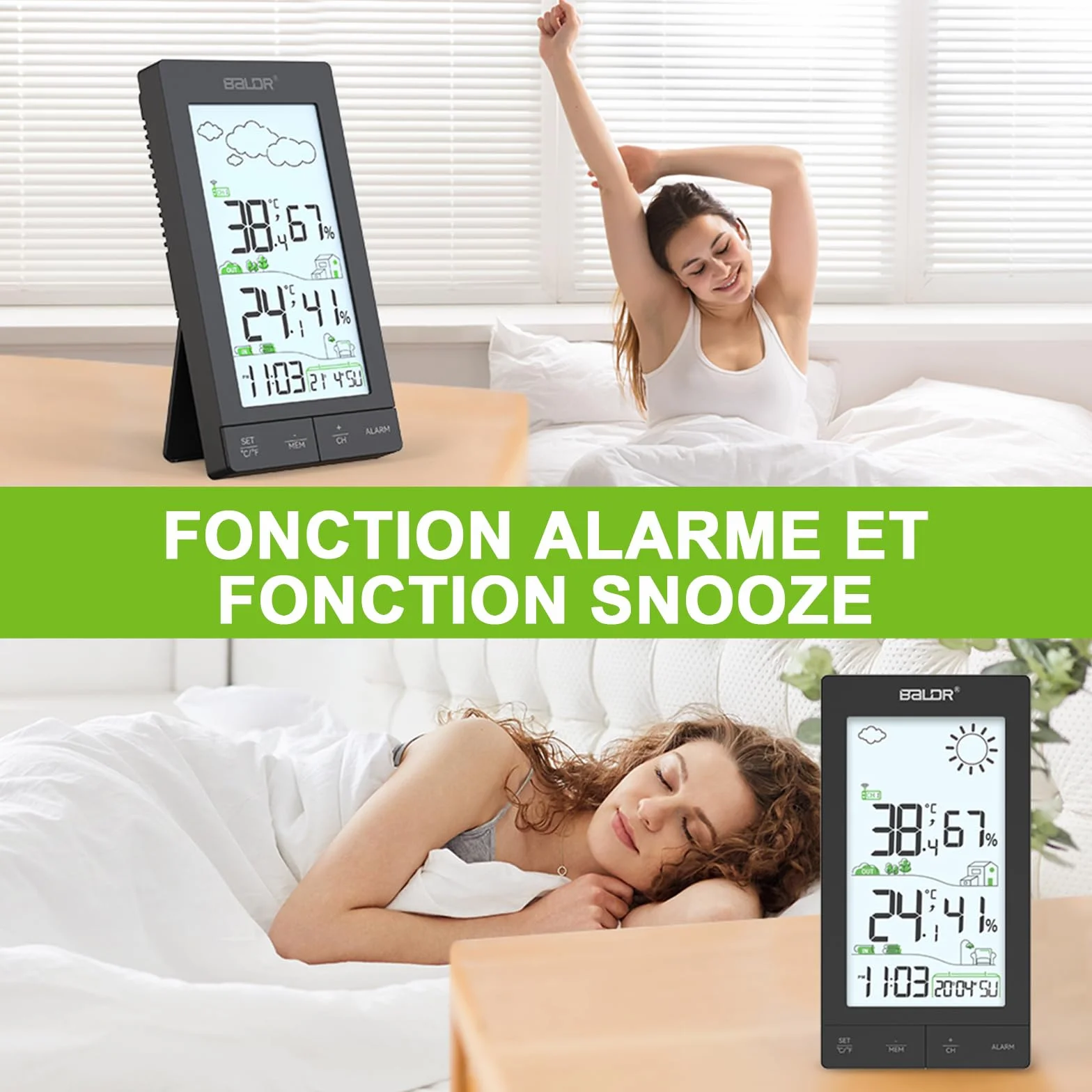 Station Météo Sans Fil Écran LCD 6,0' Capteur Extérieur Thermomètre Hygromètre Prévisions Réveil Noir