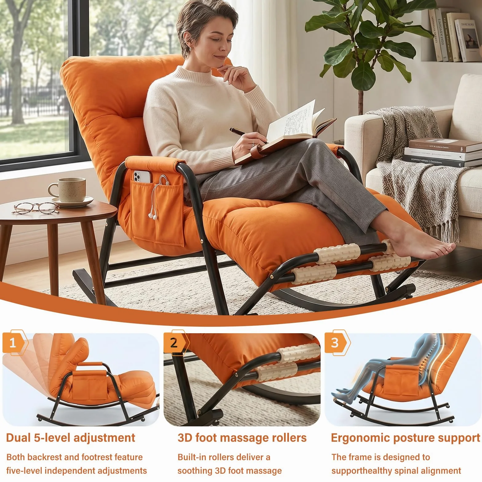 Fauteuil à Bascule Ergonomique, Rocking Chair Allaitement Silencieux avec Dossier et Repose-Jambes Réglables (5 Positions) et Repose-Pieds Massant, Chaise Relax en Cuir Anti-rayures, 150kg (Orange)