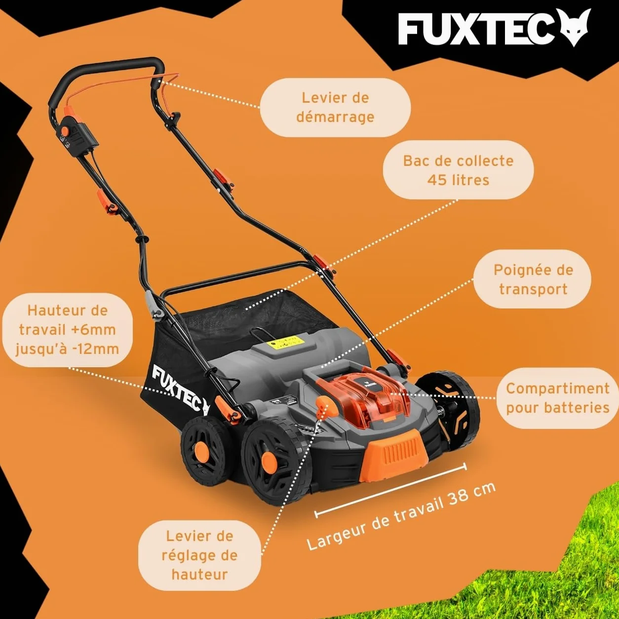 FUXTEC Aérateur à batterie 40 V FX-E2VE38SET - 2 en 1 Aérateur et Scarificateur, Largeur 38 cm, Panier 45 L, 2 piles incluses