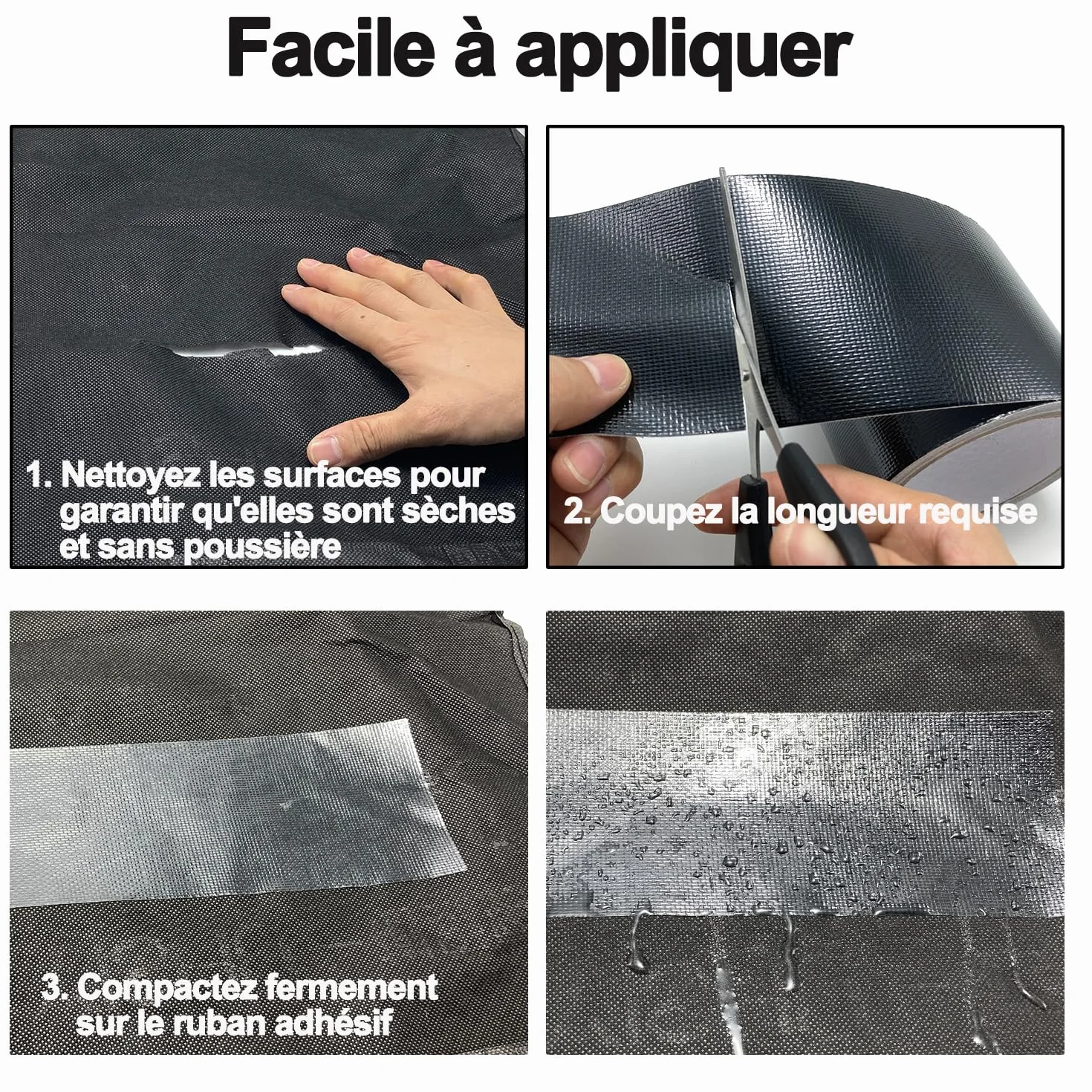 Ruban de réparation imperméable pour auvent bâche toile tente 7.6cm × 6m noir résistant UV