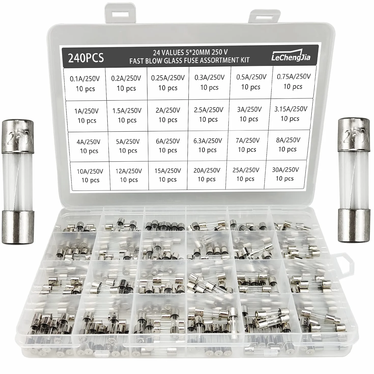 Kit d'assortiment de Fusibles à action lente 5x20mm 250V 240 pcs 24 Valeurs