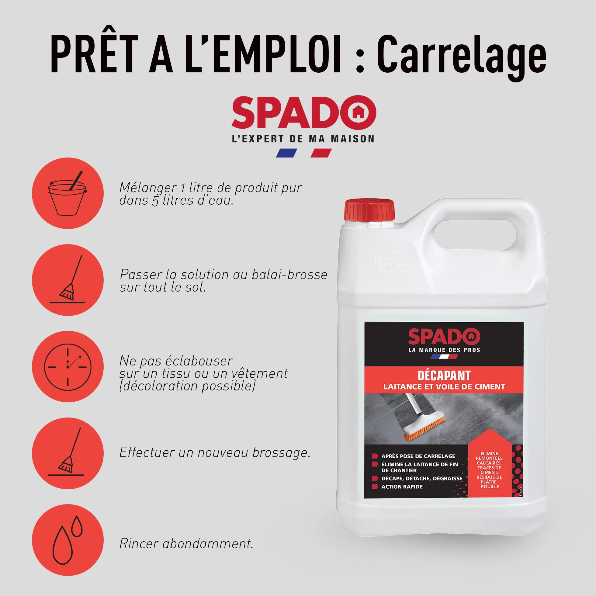 SPADO Décapant laitance et voile de ciment 5 L Fabriqué en France