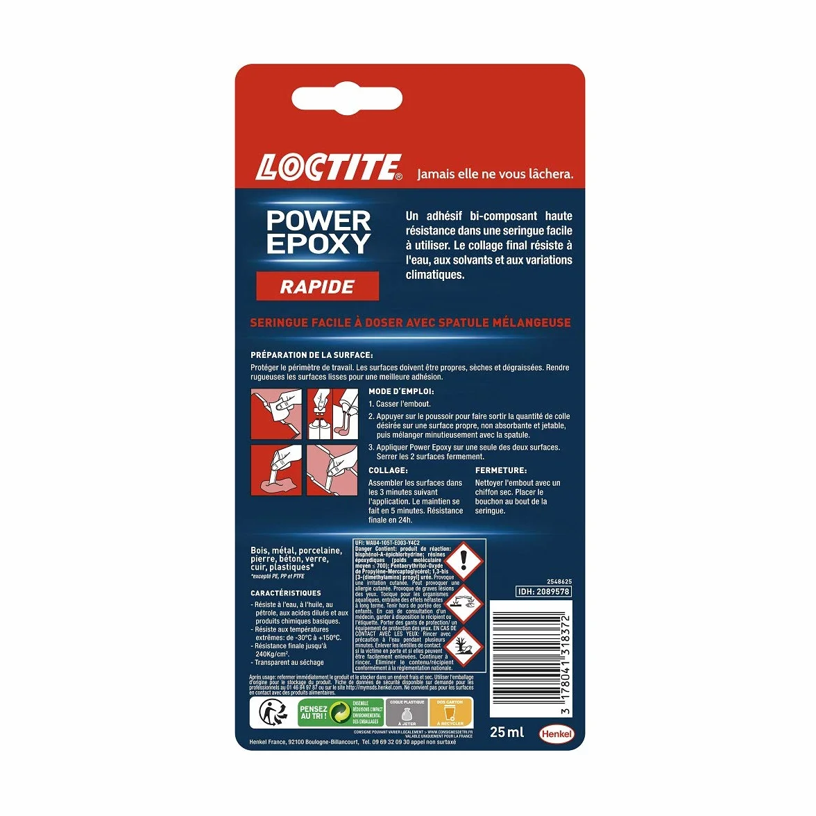 Loctite Colle Power Epoxy Rapide 5 Minutes 25 ml, Colle époxy réajustable, seringue auto-mélangeuse