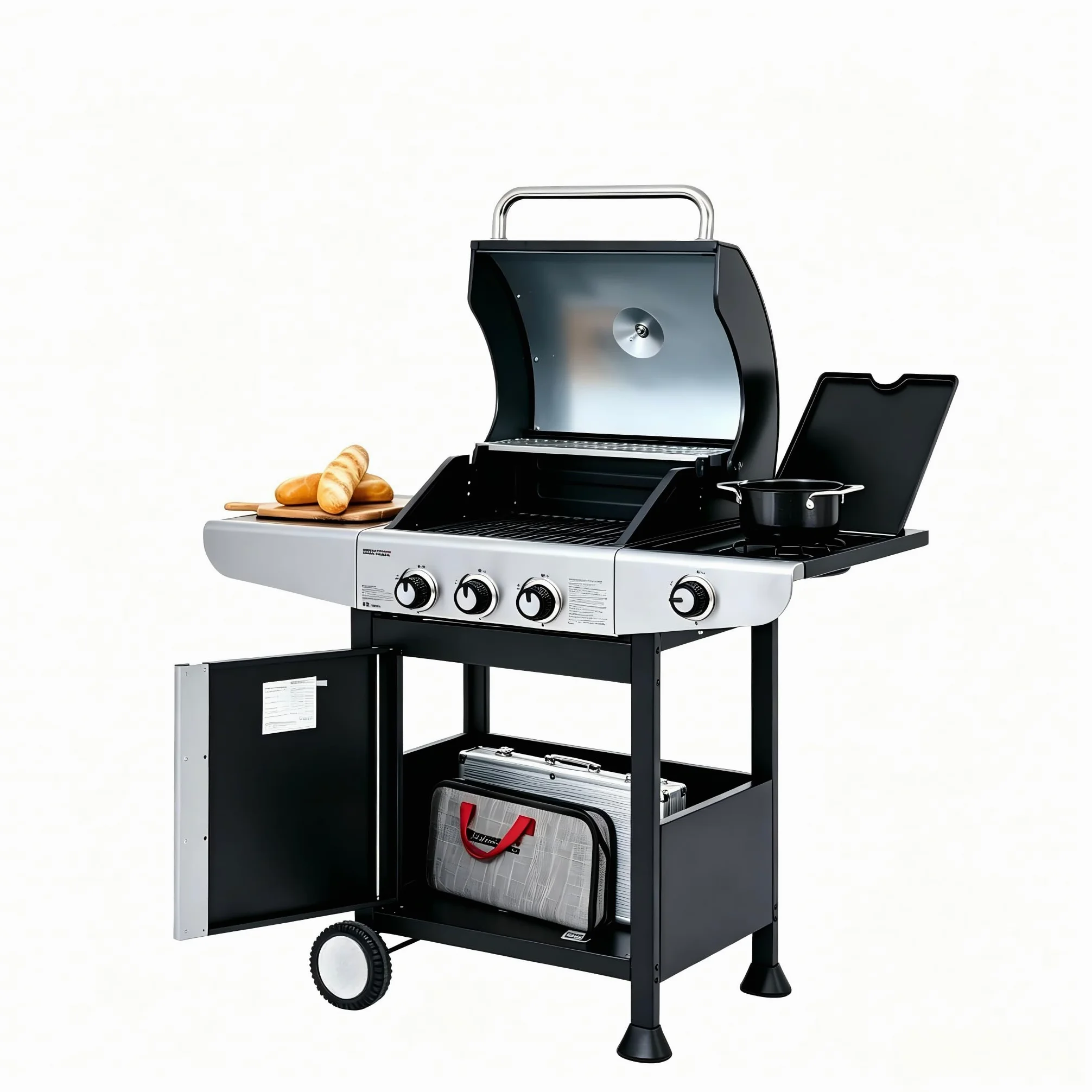 Royal Gourmet Barbecue Gaz à 3 Brûleurs avec Brûleur Latéral, Gril à Gaz sur Chariot de Puissance 11,5 KW avec 2 Grille en Fonte et 2 Tables d’Appoint, Adapté pour Jardin et Extérieure, Argent