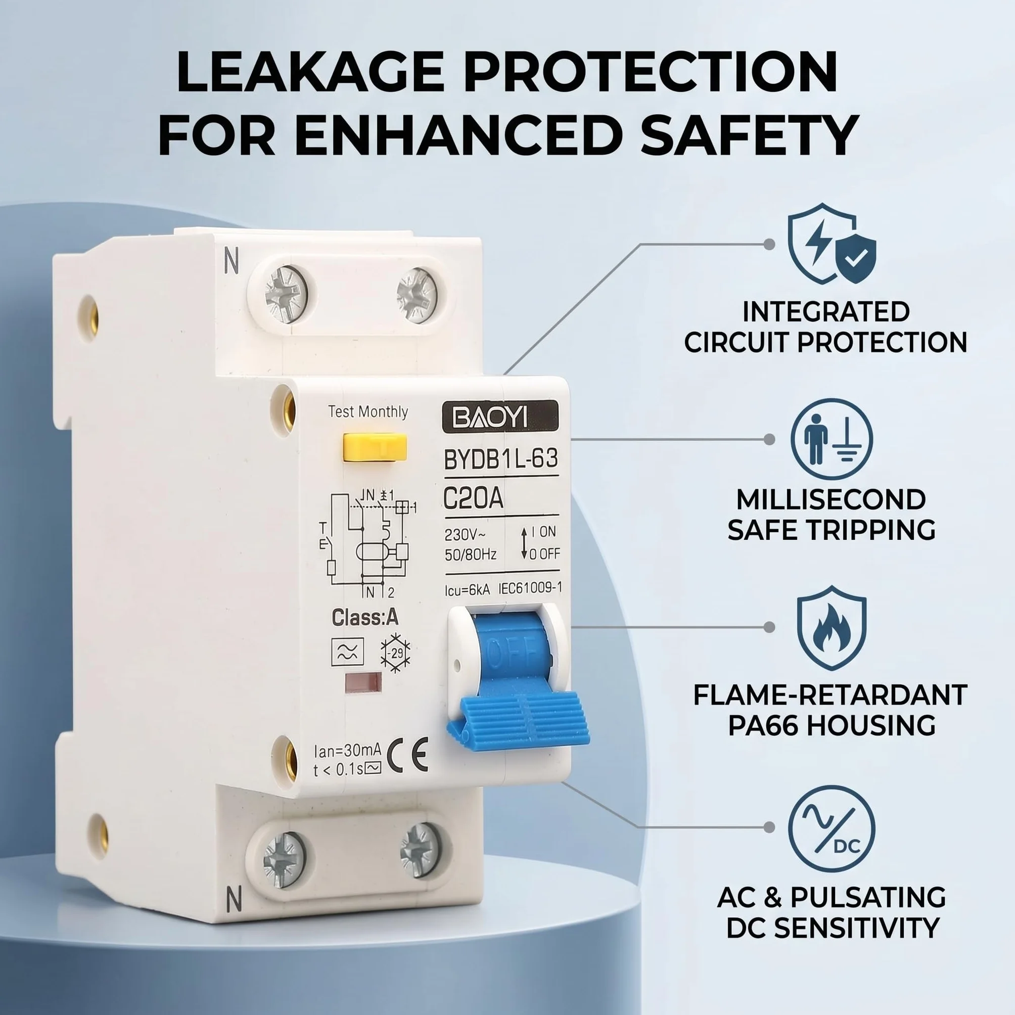 BYDB1L 63 Disjoncteur Différentiel 20A Type A 30mA Protection PA66 230V