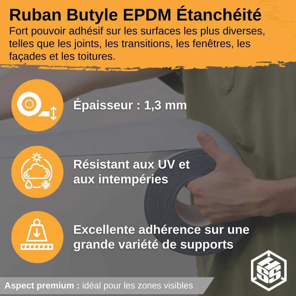 Ruban Butyle EPDM Étanchéité 10cm x 5m – Bande Adhésive Étanche Extérieur pour Réparations sur PVC, Bois, Métal, Béton