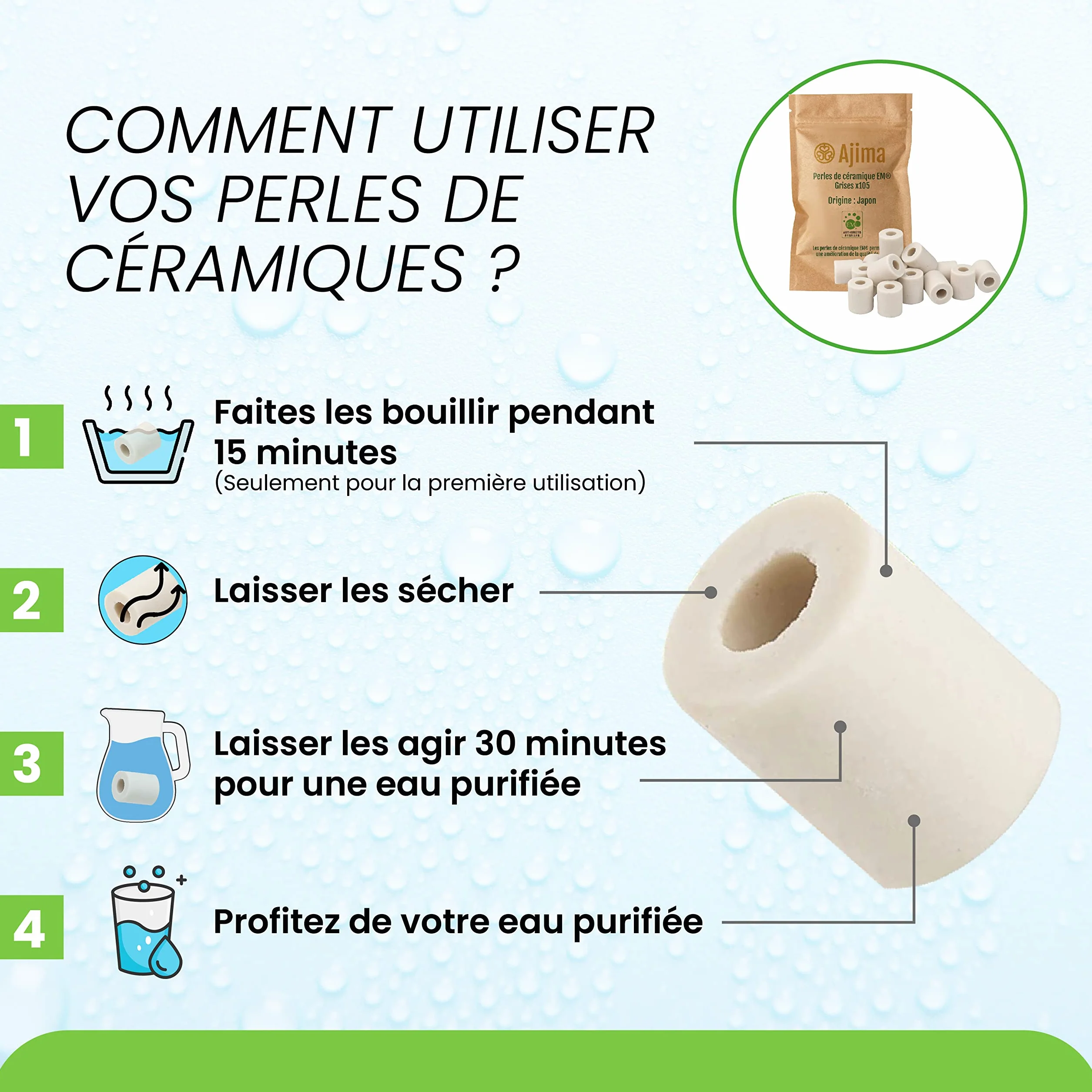 Perles de Céramique Grises Fermentées – Filtre à Eau Naturel Anti-Calcaire pour Carafe, Bouilloire, Gourde, Lave-Linge