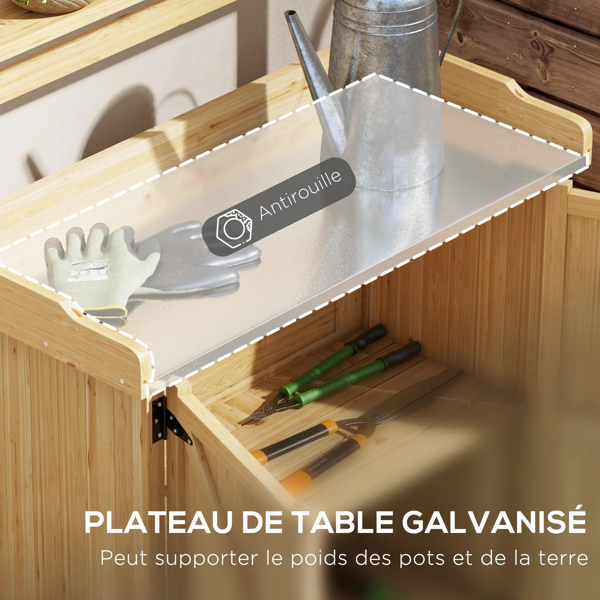 Outsunny Table de Rempotage, Table de Jardinage Style Rustique avec Placard et Étagères et Plateau Galvanisé, Patins Antidérapants, en Bois Sapin Pré-Huilé, Dim. 90,5L x 41l x 124,5H cm, Jaune