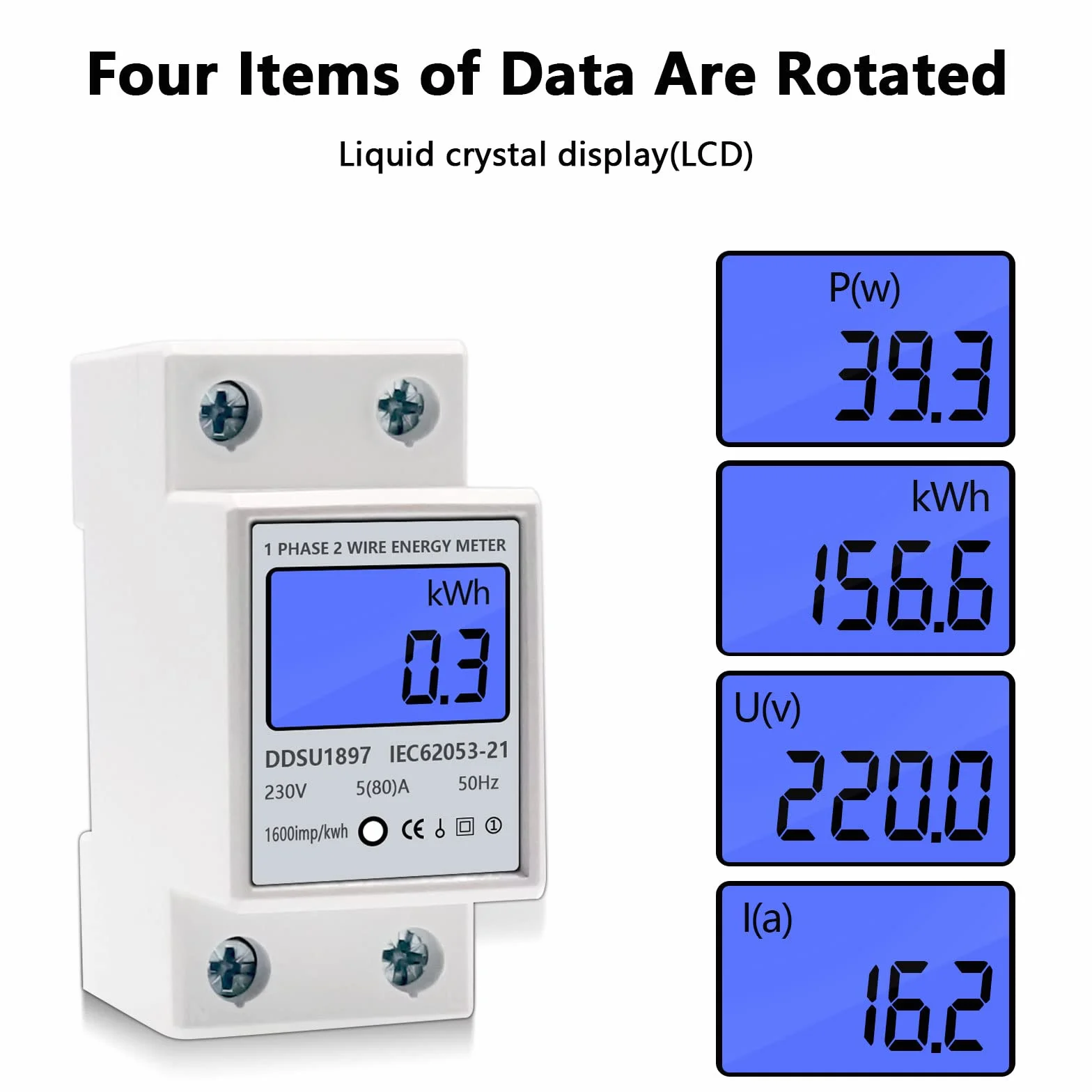 Compteur Électrique Monophasé 5(80) A 230V Écran LCD Rail DIN