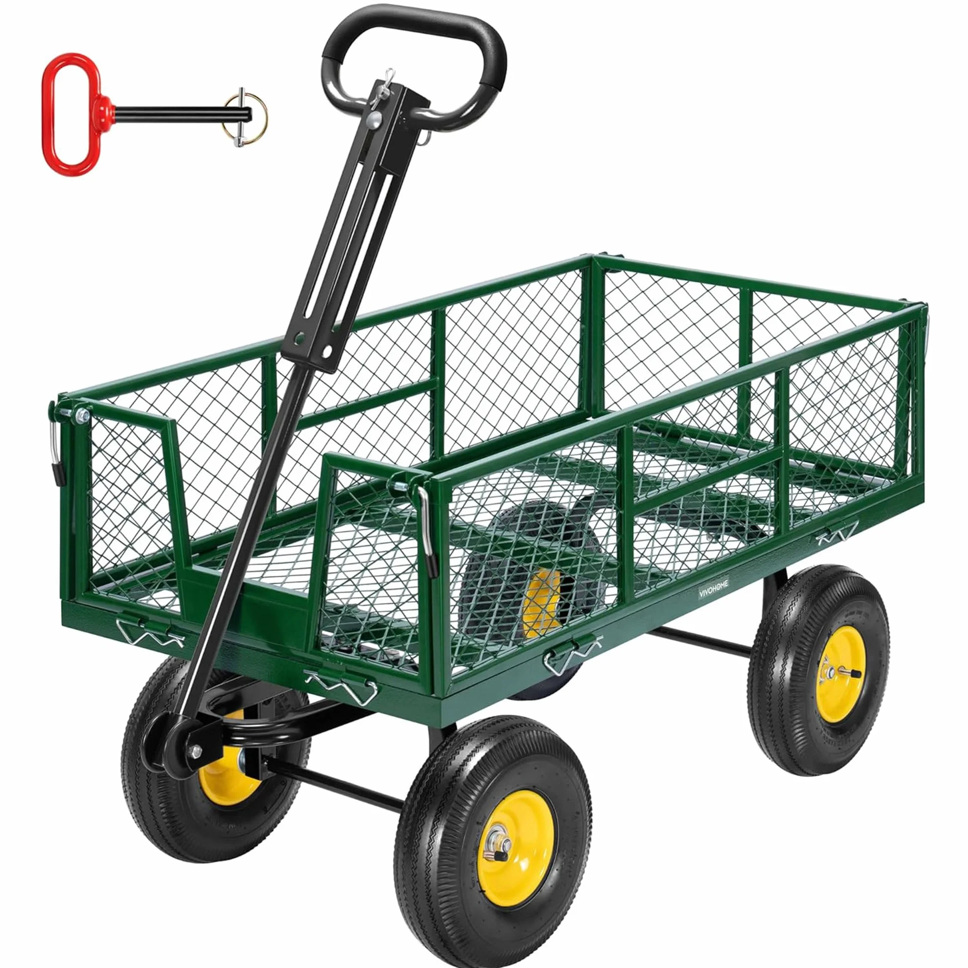 VIVOHOME Chariot de Jardin Capacité de Charge 410kg, Chariot de Transport Tout Terrain avec Pneus 25,4cm et Poignée Convertible, pour Jardinage ou comme Remorque Vert