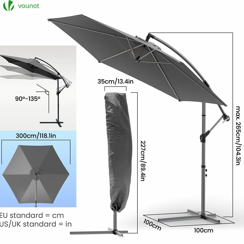 Vounot Parasol déporté hexagonale 3M avec manivelle anti-retour toile 180 gr/m2 protection UV gris