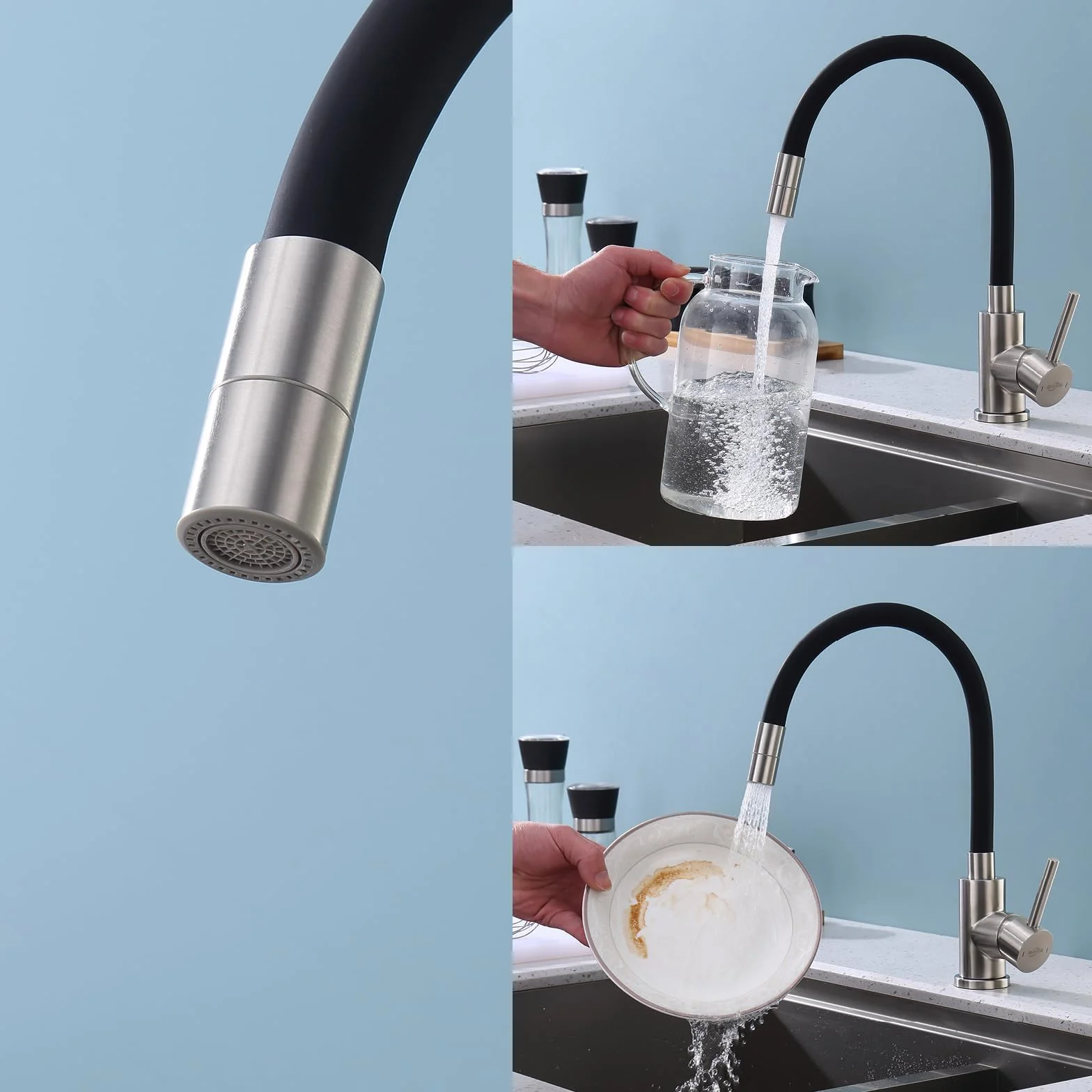 Robinet Cuisine Noir Acier Inoxydable Pivotant 360° 2 Jets Mitigeur Évier