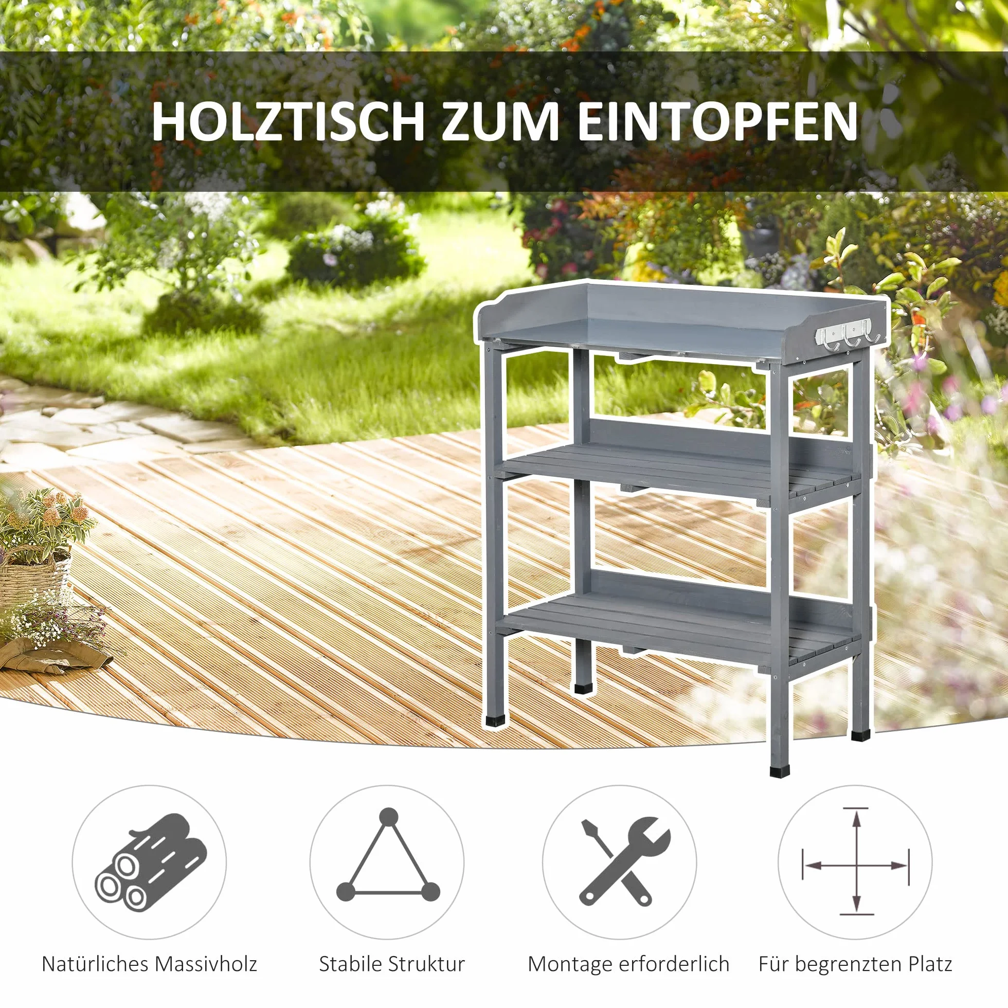Outsunny Table de jardinage en métal et bois gris 76 x 37 x 89 cm
