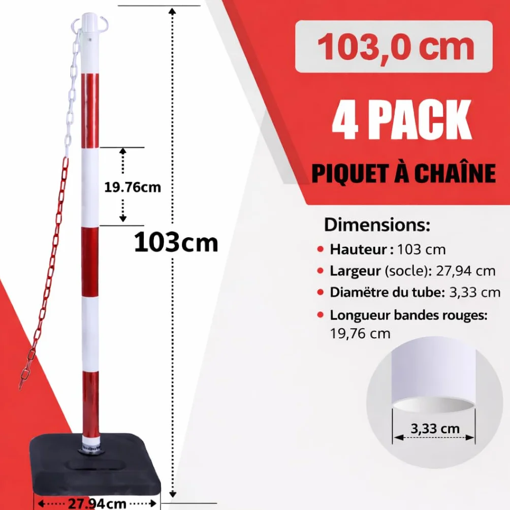 Poteau Délimiteur de Trafic 40''/100cm avec Chaîne 20FT/600cm et Base Remplissable Sable/Eau 4 Pièces