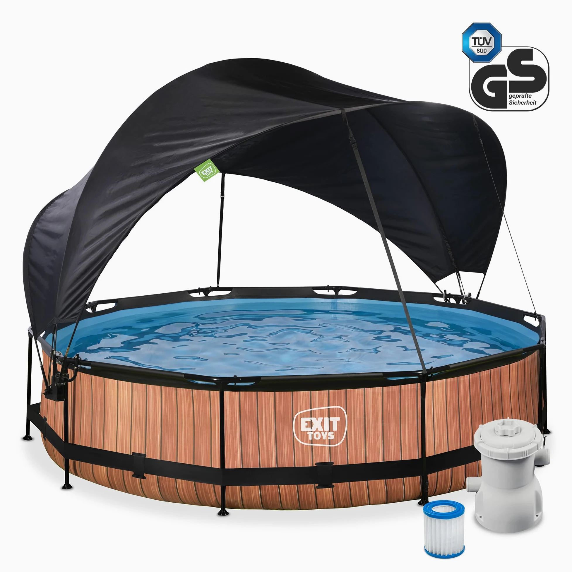 EXIT Toys Piscine Hors Sol Ronde ø 360 x 76 cm avec Voile d’Ombrage et Pompe Filtrante – Piscine Tubulaire pour Enfants et Familles – TÜV CE en 16582 – Wood – Marron