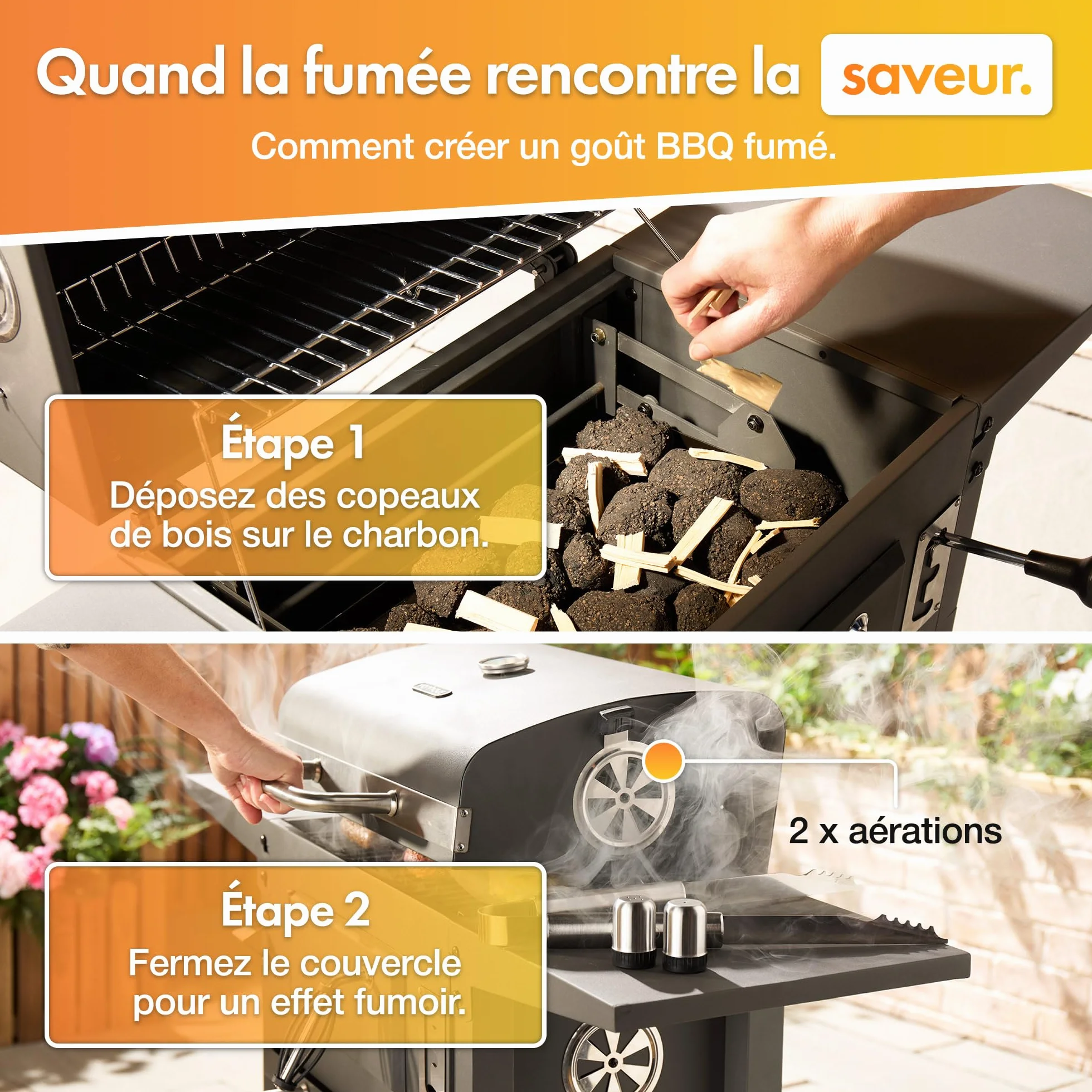 VonHaus Barbecue au Charbon – Barbecue avec Grille Chauffante, Hauteur Réglable, Thermomètre – Portable, Bac à Cendres, Étagère, 2 Tables Latérales Pliables, Roues – Viande, Poisson & Légumes
