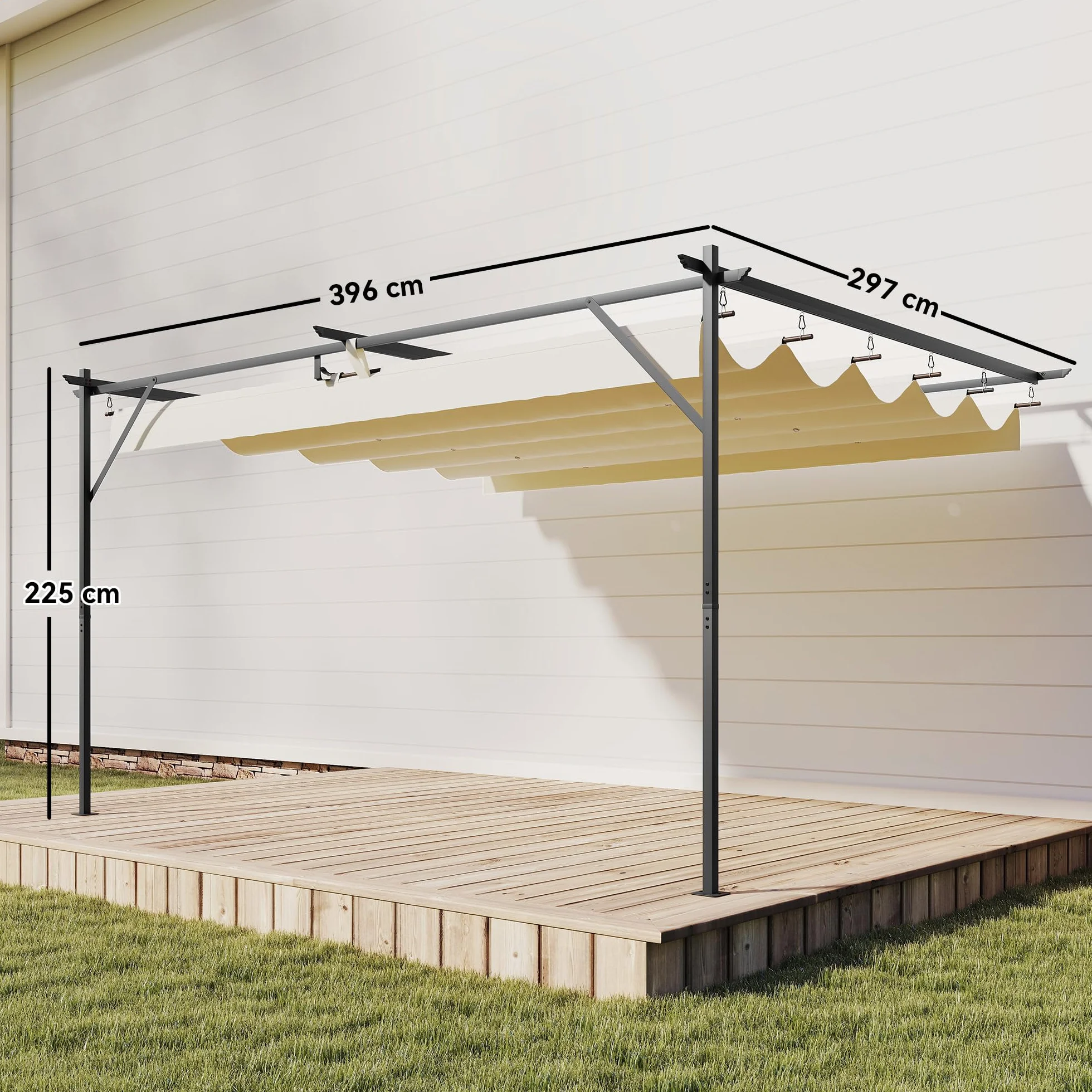 Outsunny Pergola Addoxée 3 x 4 m Toit Rétractable Coulissant Trous de Drainage Jardin Polyester Acier UV30+ Blanc Crème