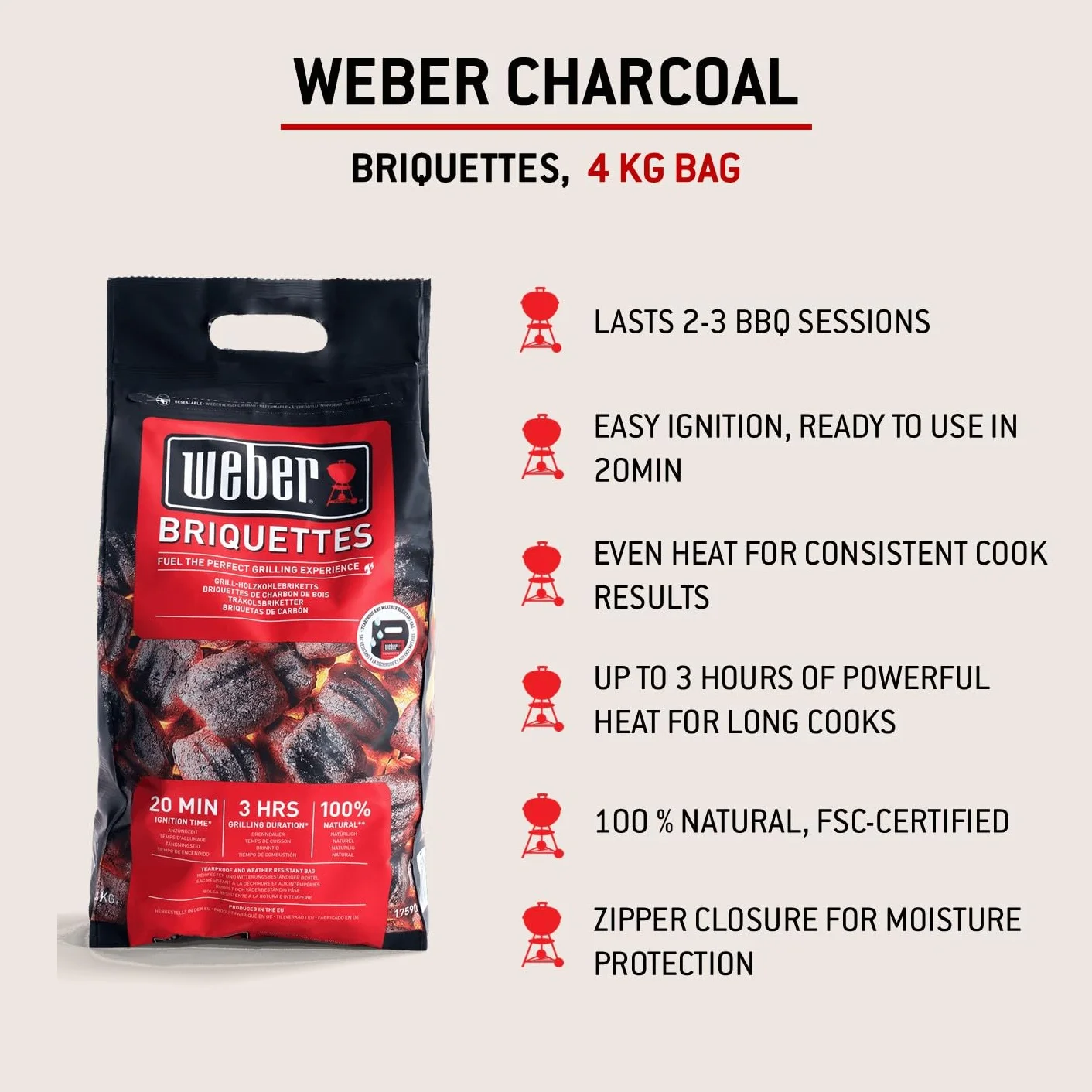 Weber Briquettes de Charbon de Bois Naturel pour Barbecue, Allumage Rapide 20 Min, Longue Combustion 3 Heures, 4 kg