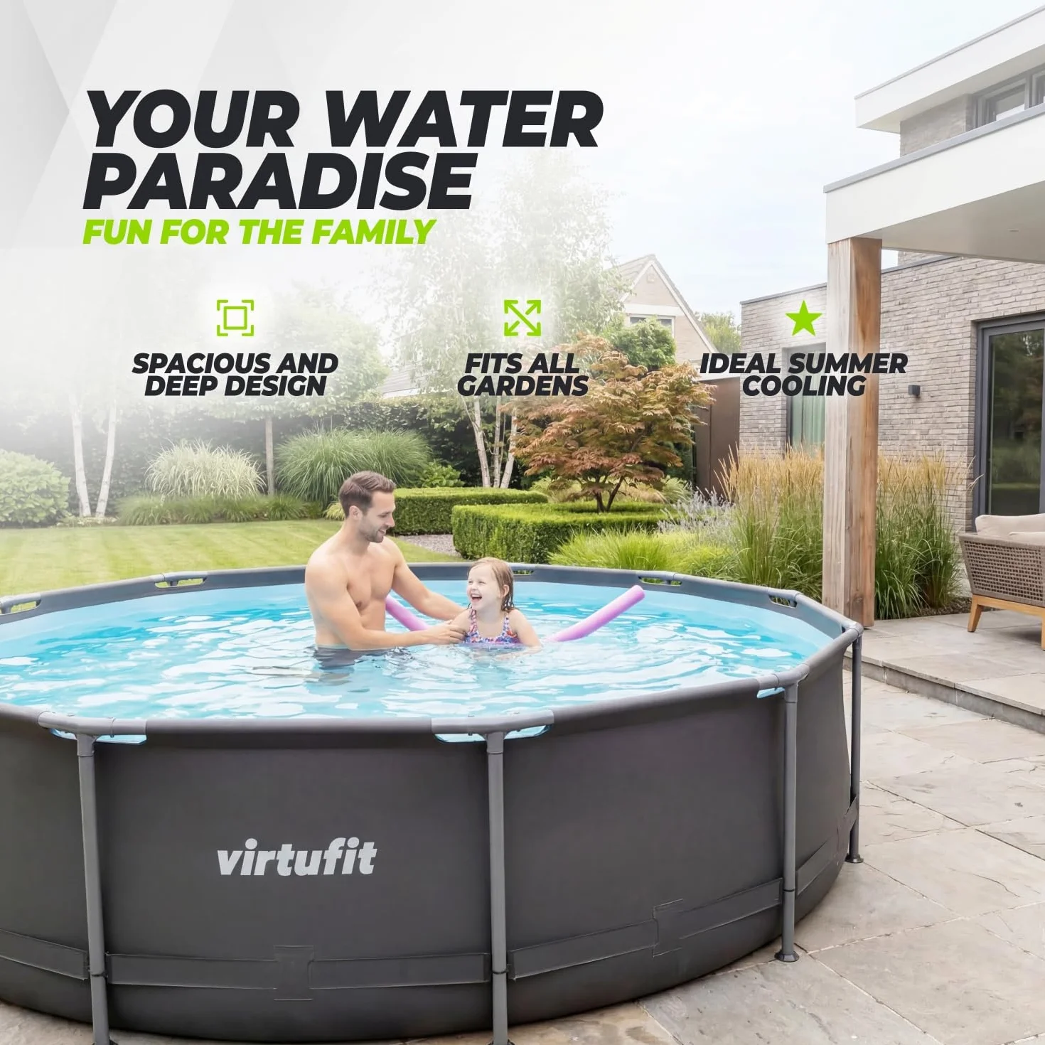 VirtuFit Piscine Ronde Noir Ø244 x 76 cm avec Filtre