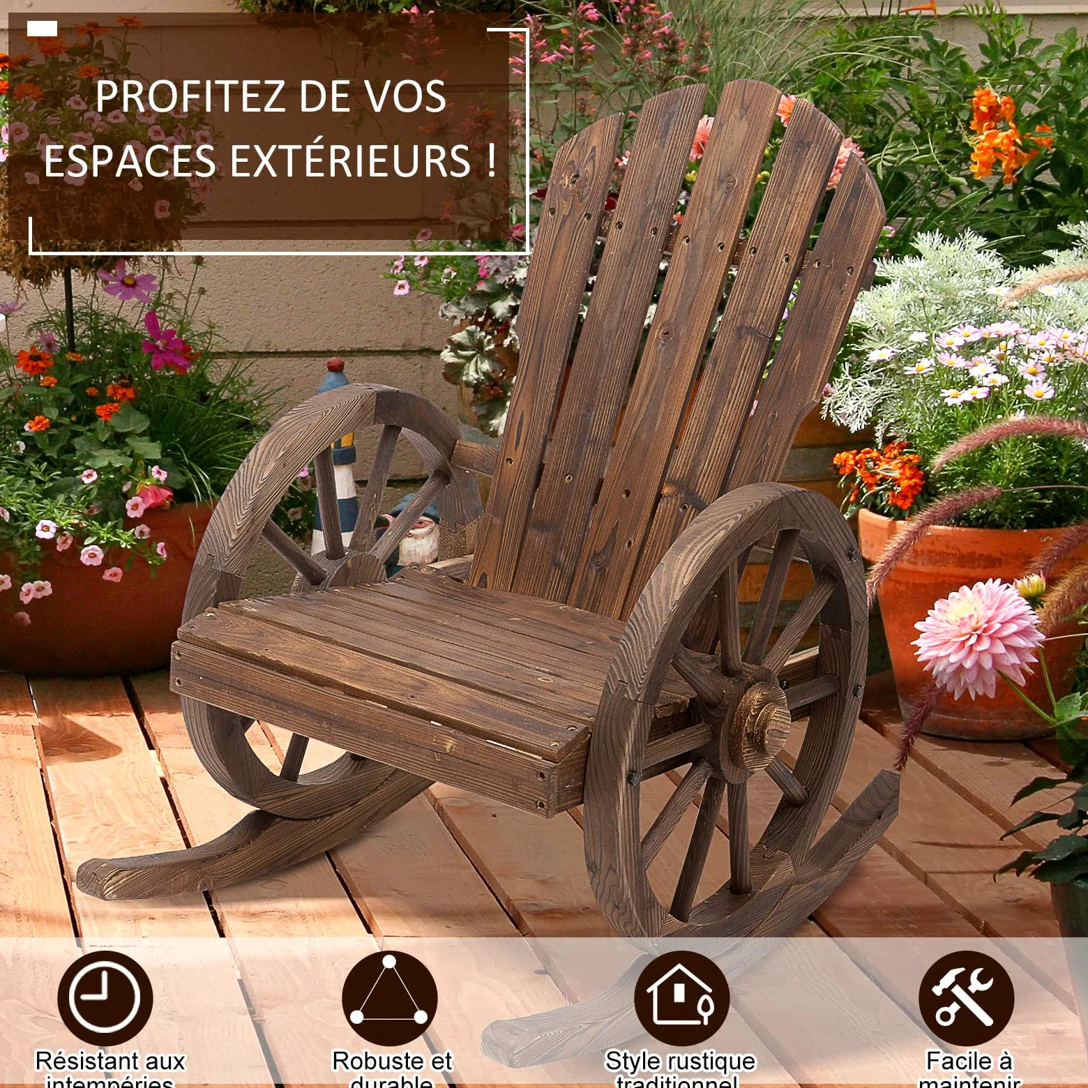 Outsunny Fauteuil de Jardin Adirondack à Bascule Rocking Chair Style Rustique Chic accoudoirs Roues Charette Bois Sapin traité carbonisation