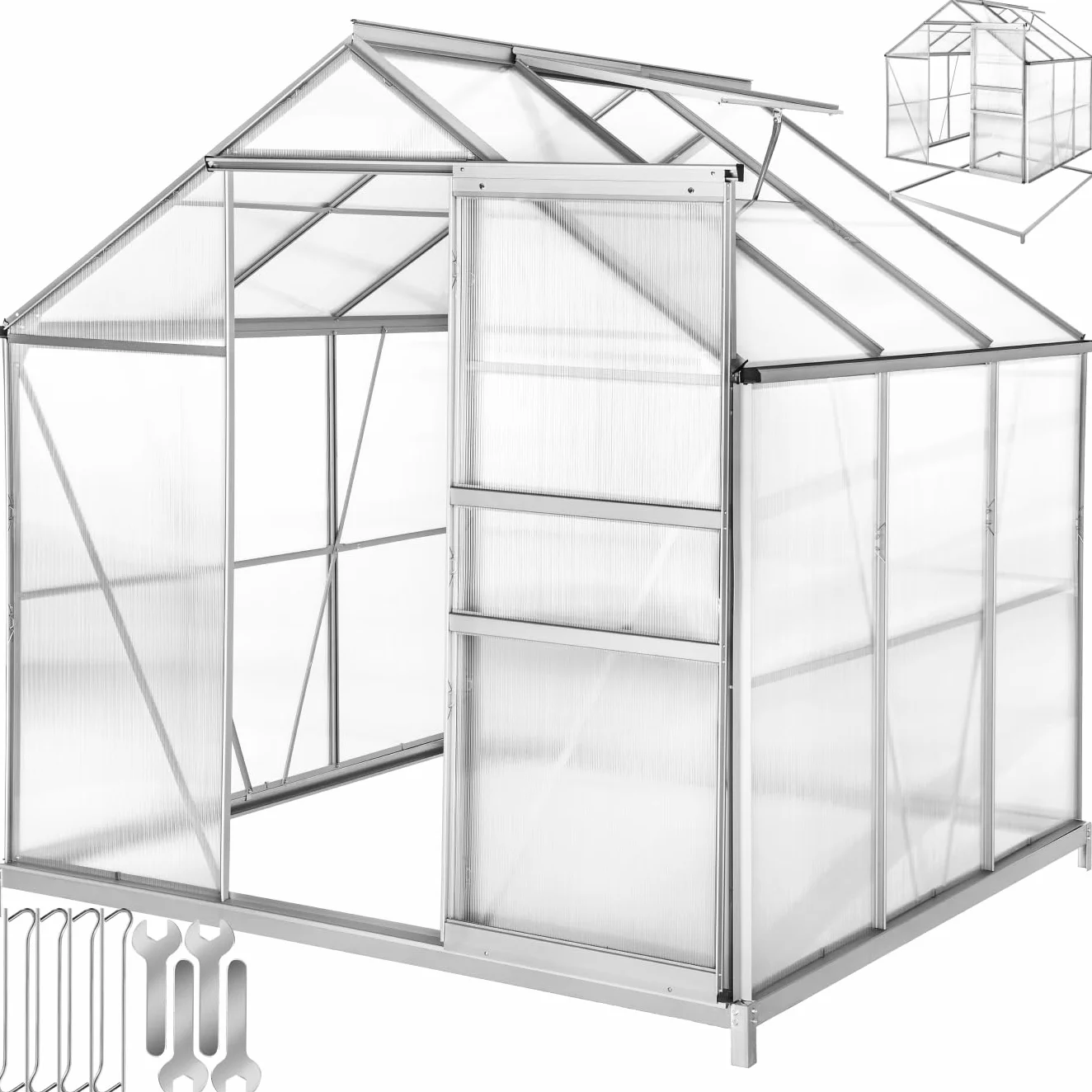 tectake® Serre de Jardin avec Base en Aluminium Polycarbonate pour Potager Exterieur Serre de Jardin pour Hivernage Tente Abri pour Les Plantes Serre à semis Jardinage - 190x185x195 cm
