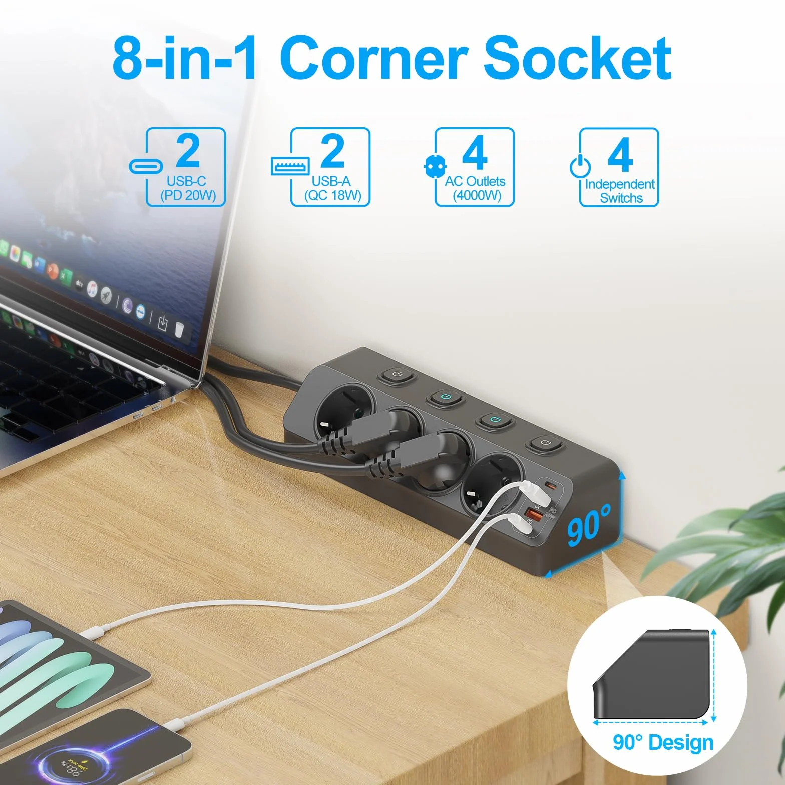 FDTEK Multiprise d'angle 4 Prises 2 USB C 2 USB A PD 20W Protection Surtensions Câble 2M