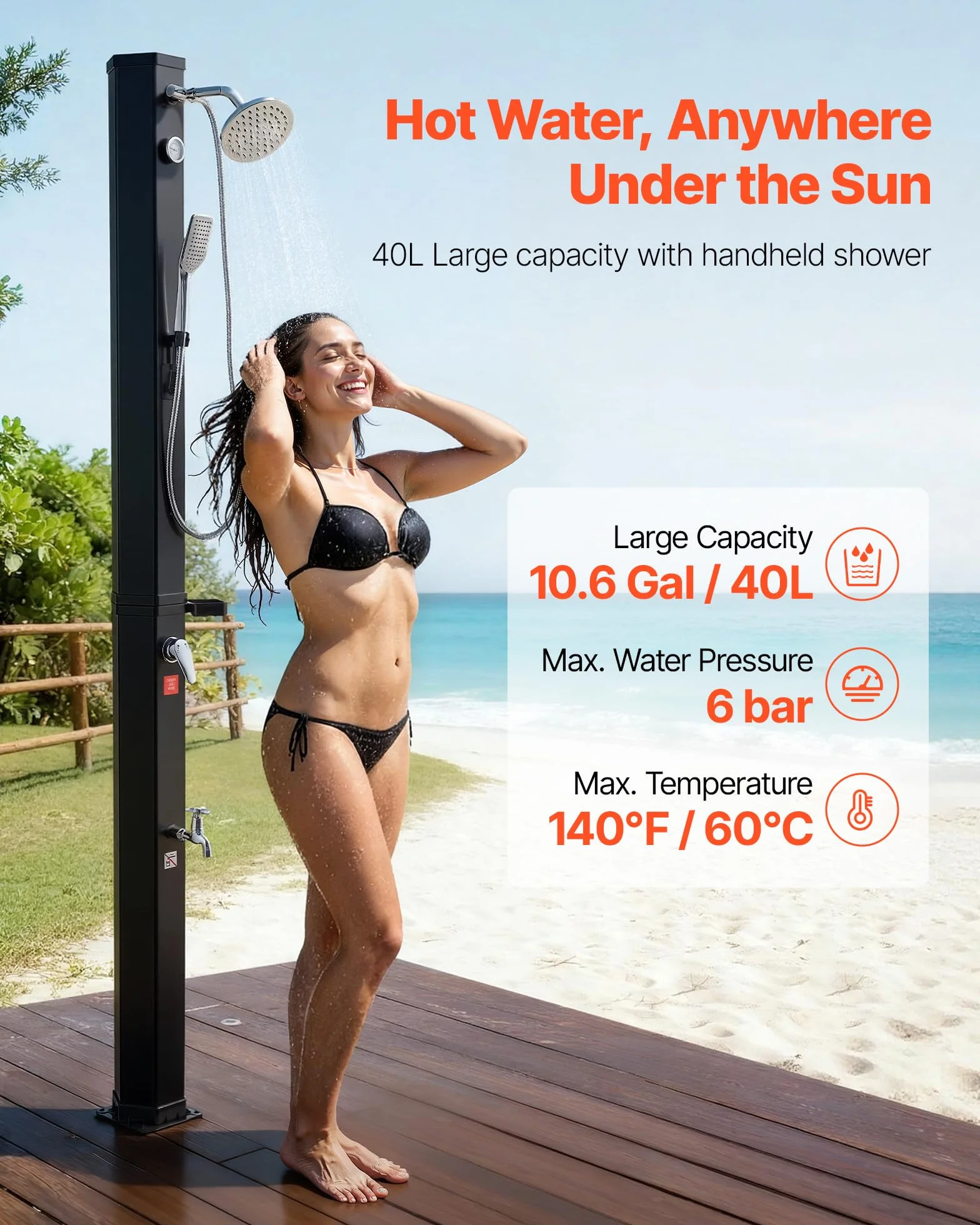 VEVOR Douche Solaire 40 L Extérieure Autoportante avec Robinet de Lavage des Pieds, Noir