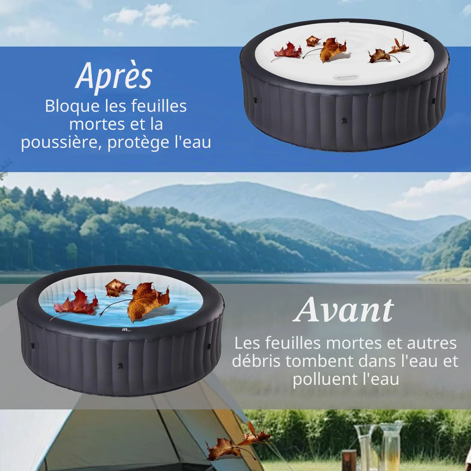 Couvercle de Bain à Remous 138cm PVC Couverture Spa Gonflable Isolation Thermique Pliable Rond Extérieur