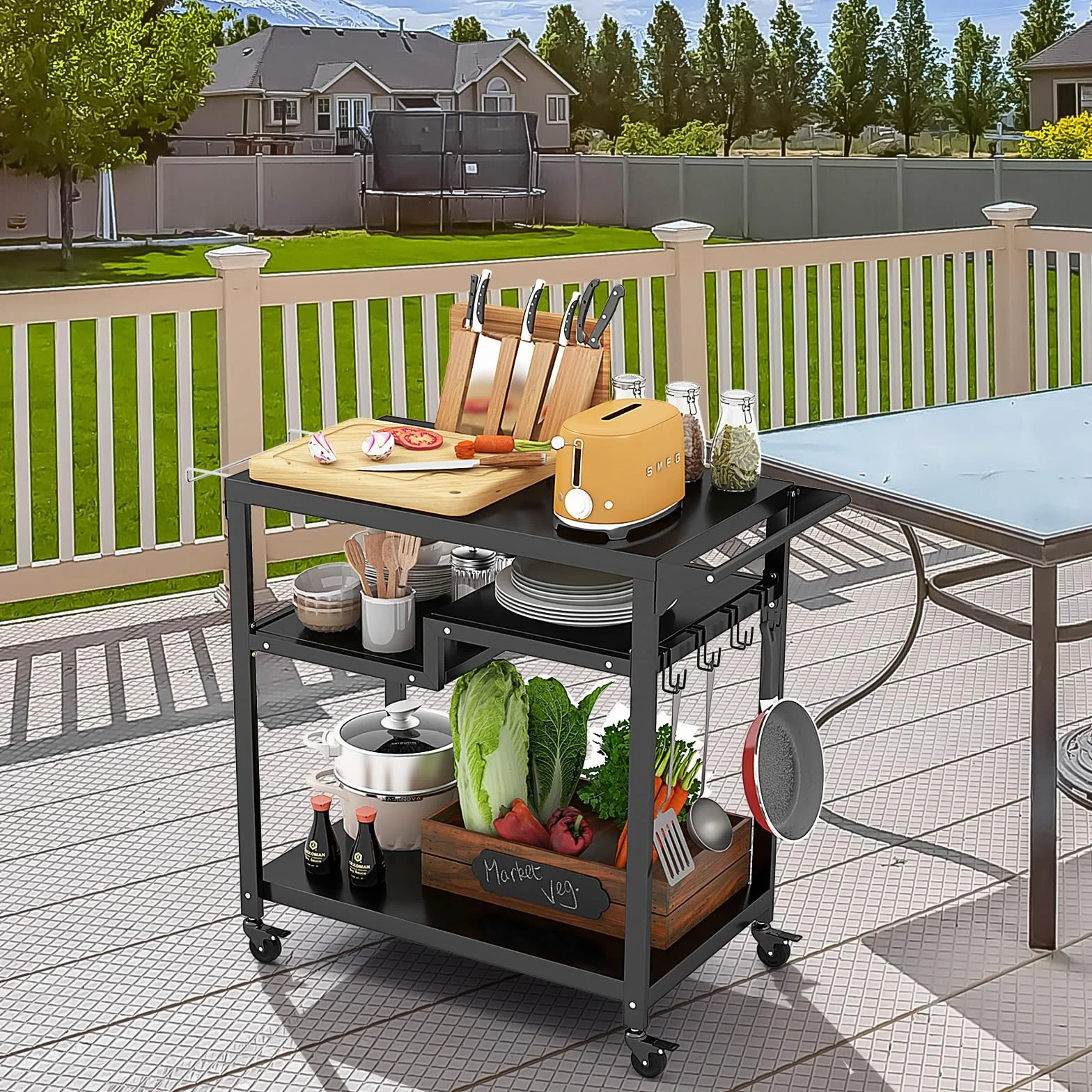 GOPLUS Desserte Jardin Exterieur Chariot Barbecue 4 Roues 4 Crochets Étagère 111x50.5x93 cm Charge 50kg
