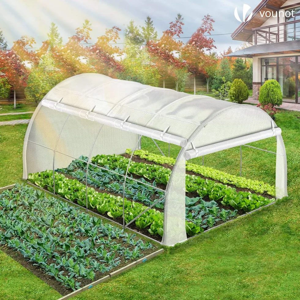 VOUNOT Serre de Jardin Tunnel 300x400x200cm Acier Galvanisé PE Haute densité 140 g/m² 12m2 Anti-UV Zip Enroulables