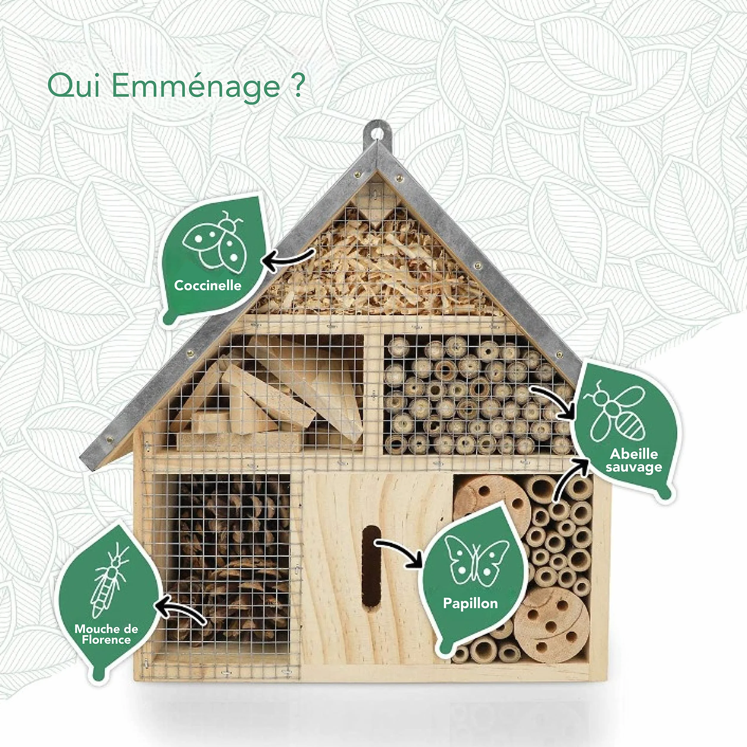 Hotel A Insectes avec Toit Métallique - Bois Non Traité, Maison pour Abeilles, Papillons - Hôtels à Insectes Extérieur