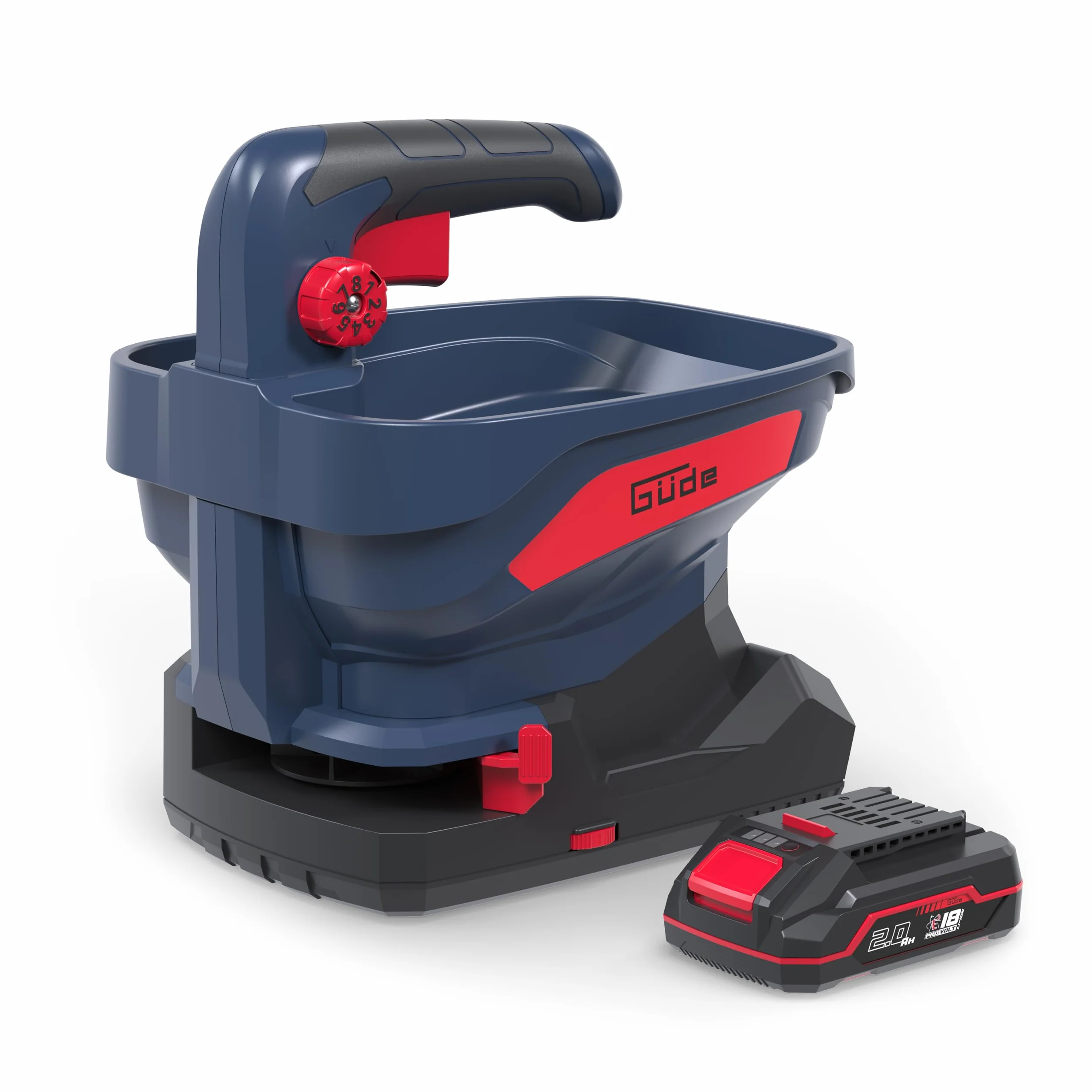 Güde Épandeur Universel sans Fil GUS 18-201-05 (18 V, Li-ION, Largeur d'épandage de 5 m, 6 Vitesses, 8 Modes d'épandage, 6 Angles d'épandage, capacité de 3,3 litres, avec Batterie 2 Ah et Chargeur)