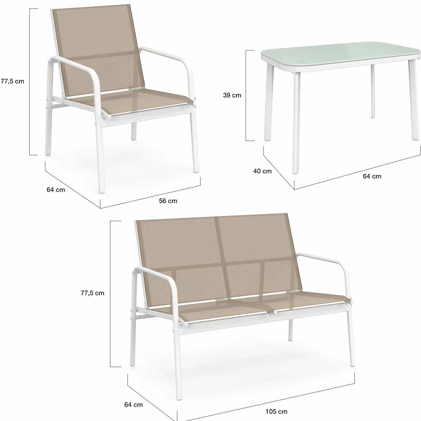 Salon de Jardin TOLEDE 4 Places Canapé Fauteuils Table Blanc Beige