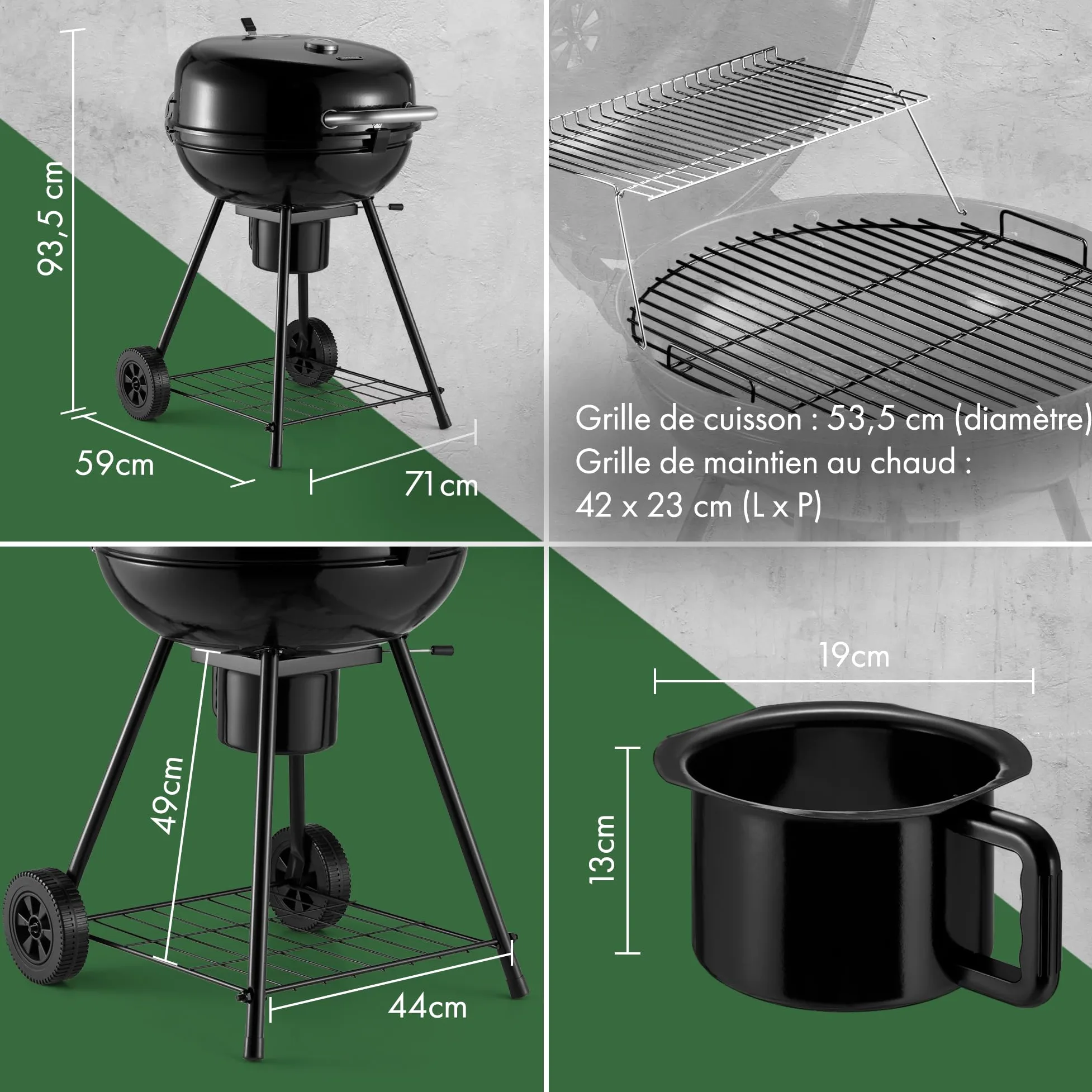 VonHaus Barbecue au Charbon 22.5" – Barbecue Portable avec Grille de Maintien au Chaud, Thermomètre, Étagère, Roues, Couvercle Verrouillable, Bac à Cendres et Grande Grille pour Viande et Légumes